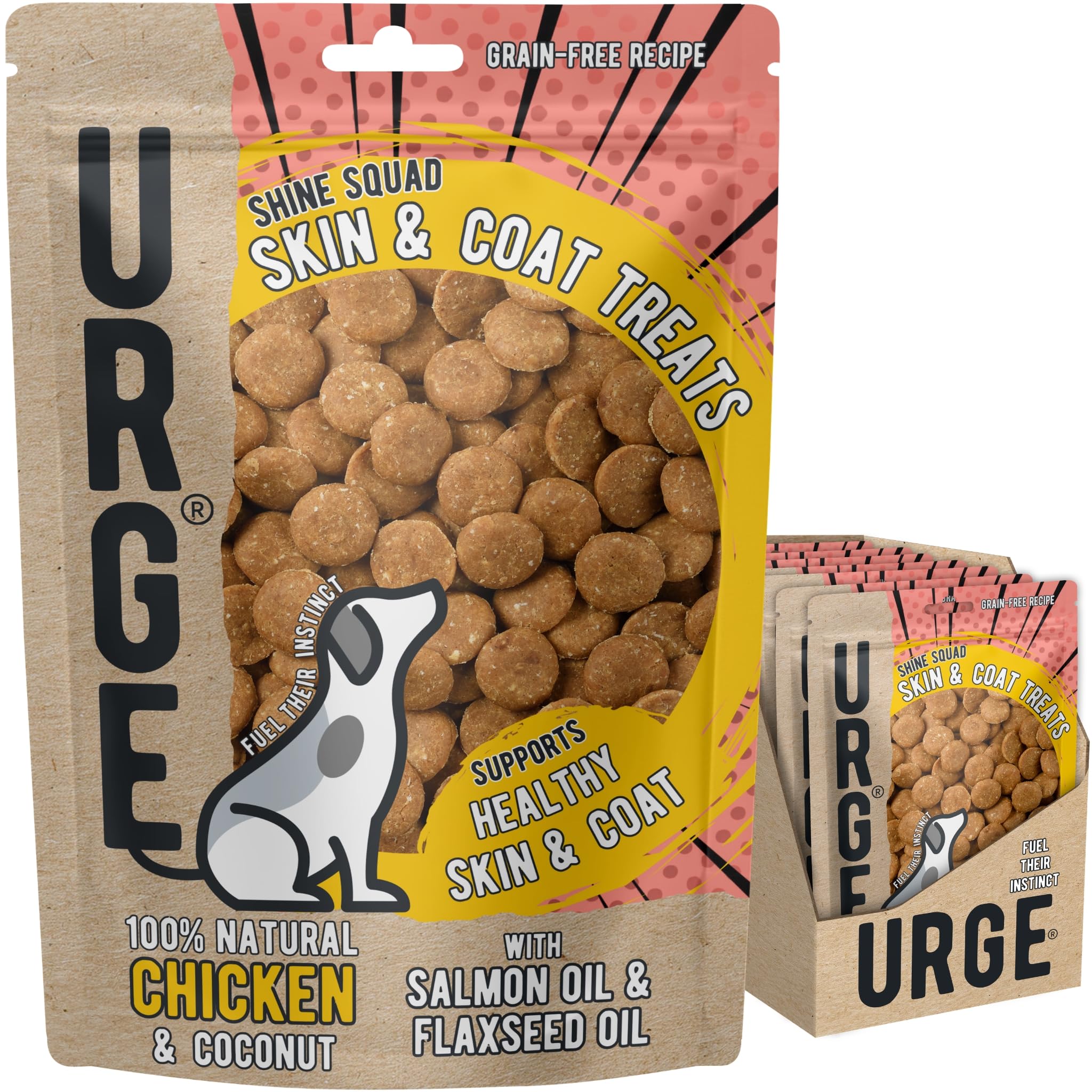 URGE Shine Squad Skin & Coat Daily Dog Treats - 8 x 100g Bags - 100% Natural Chicken, Coconut, Salmon Oil & Flaxseed Oil - 100% Grain Free - Supports Healthy Skin & Coat