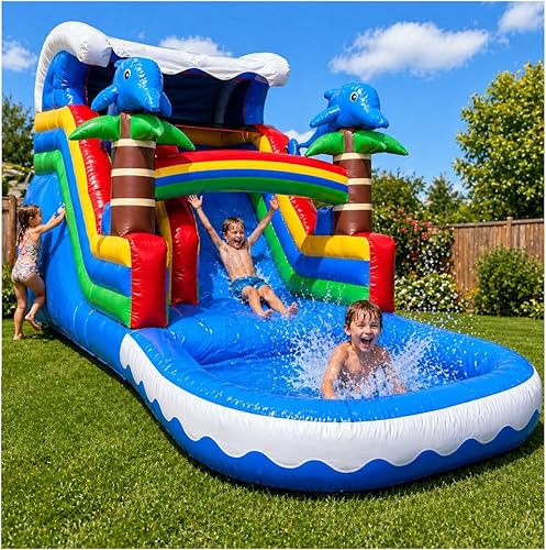 21FT Tropical Inflatable Water Slide with Pool, 25ft Long- 100% Commercial Grade PVC Vinyl, Front Load Entry for Easy Supervision Reinforced Strength Wet/Dry Fun