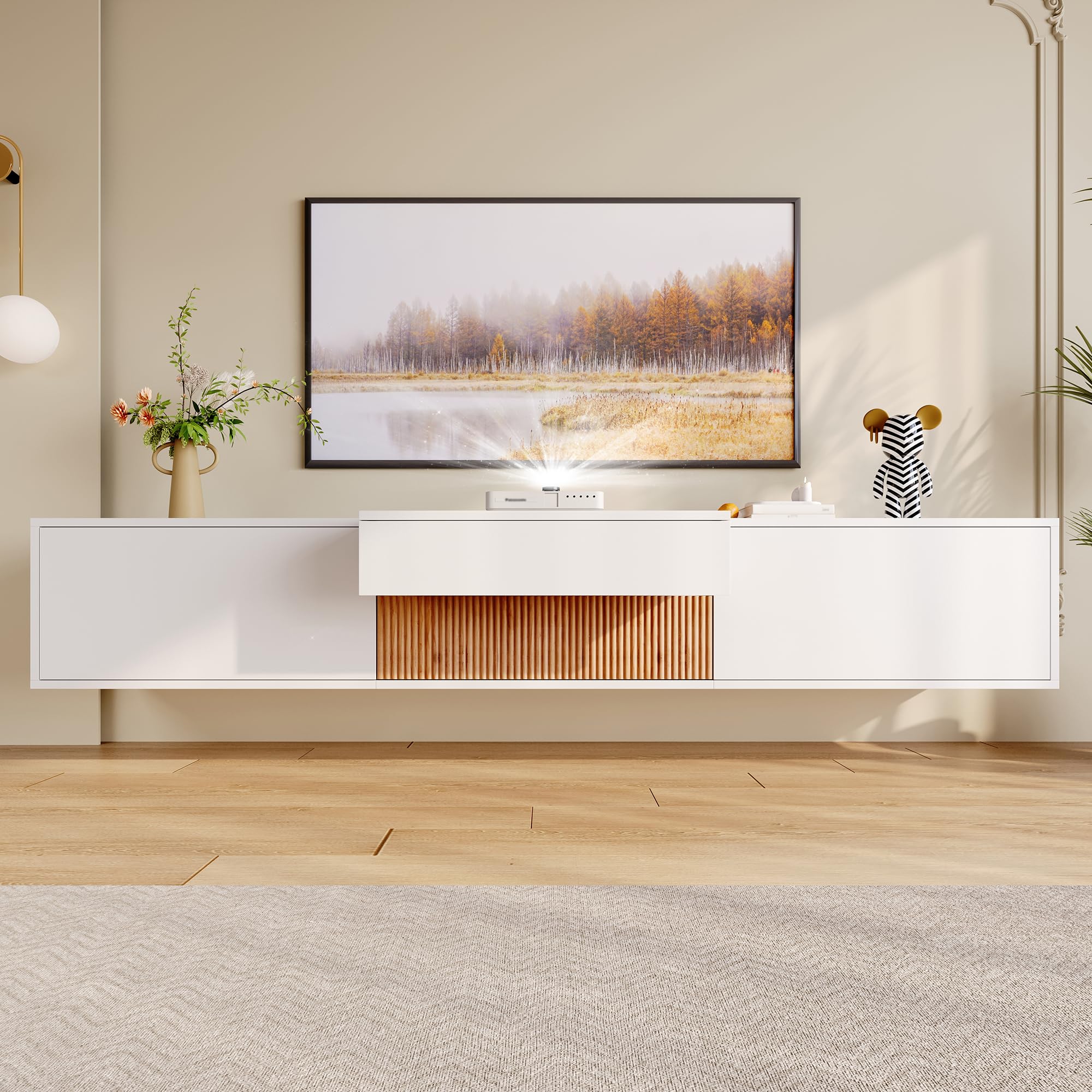 Jaxenor 180cm Wall-mounted TV Cabinet with Unique Design, White+Wood — image 1
