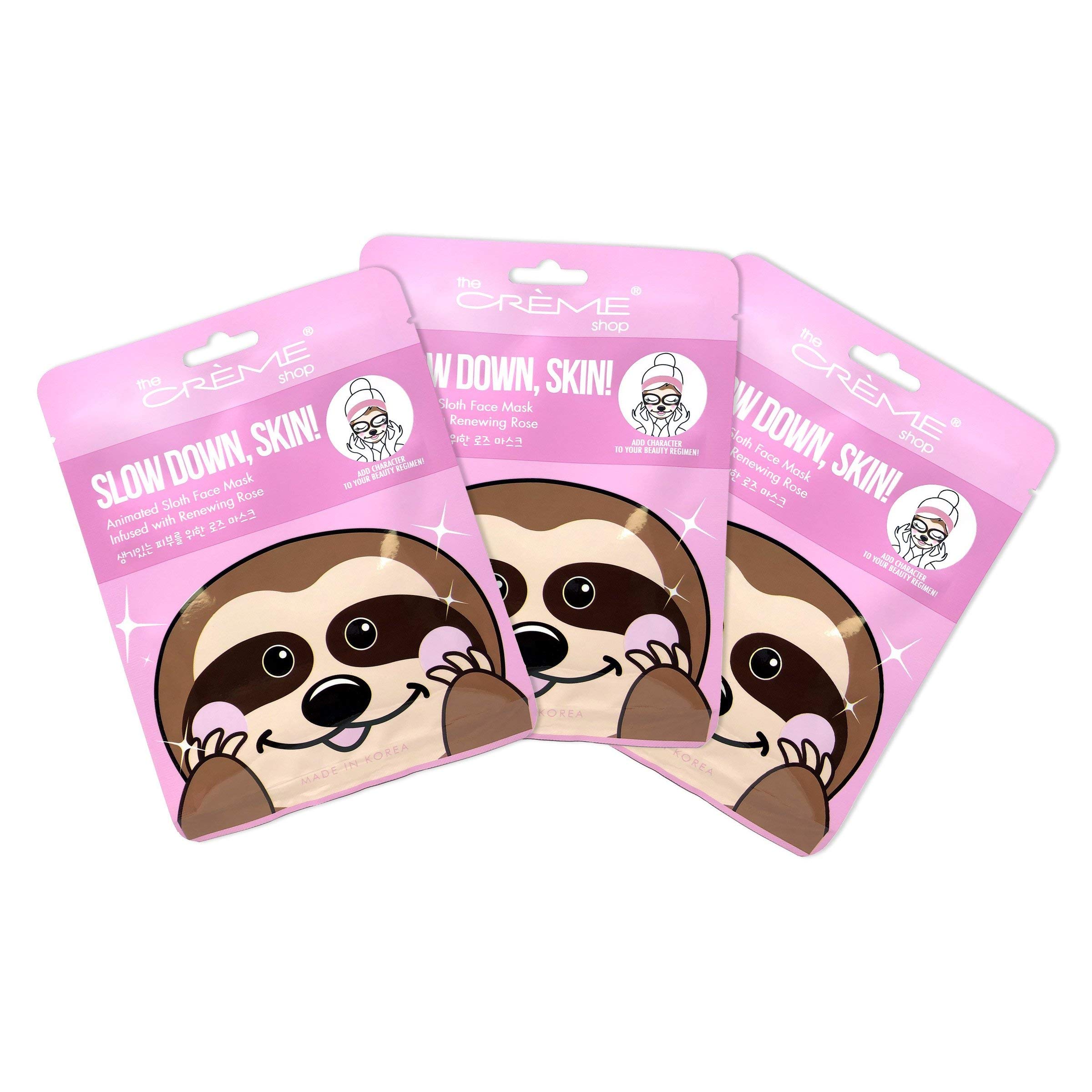 The Crème ShopAnimal Sheet Mask, Korean, Hydrating, Collagen, Vitamin C, Anti-Aging - Pack of 3 (Sloth)