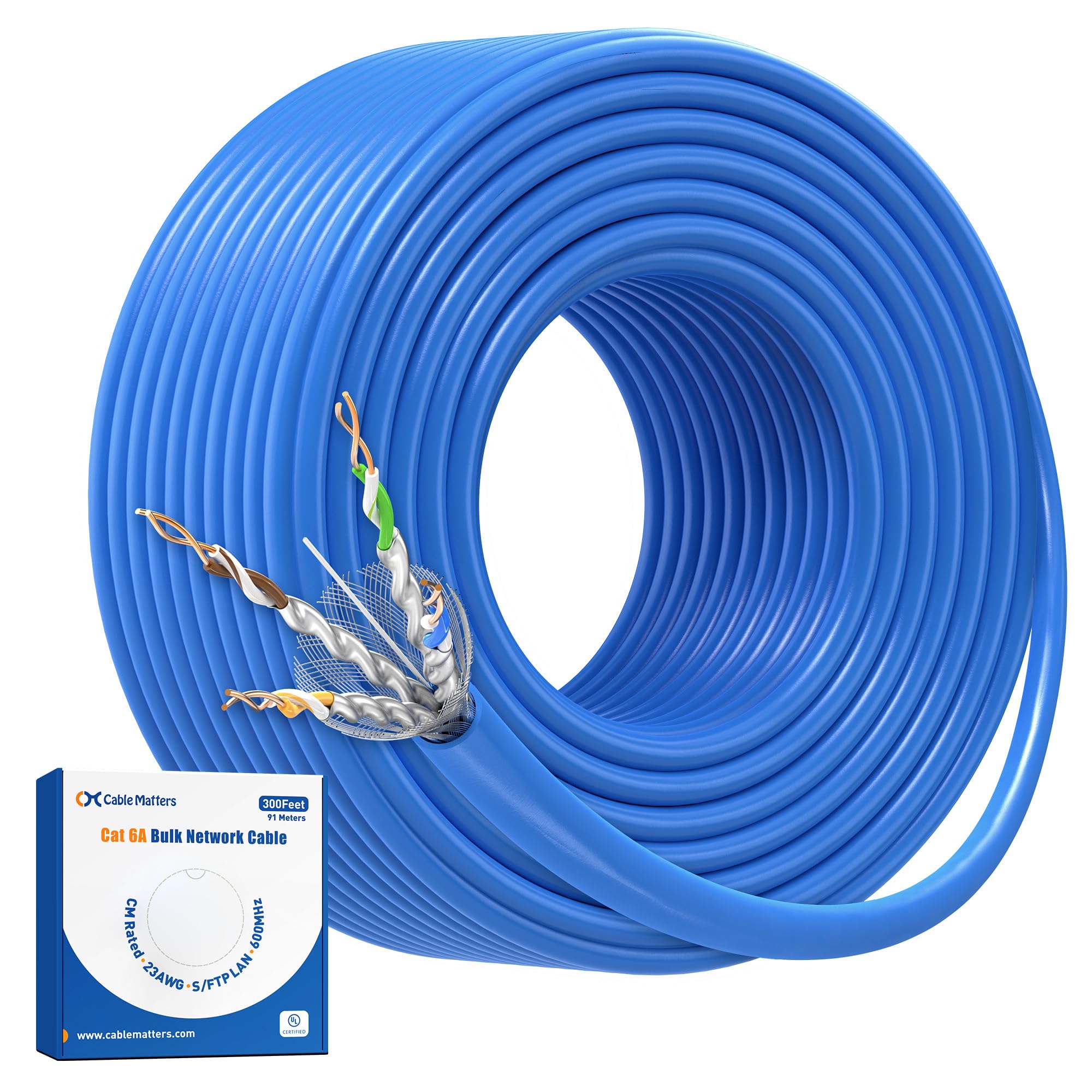 Cable Matters Câble Ethernet Cat 6A blindé en cuivre nu certifié UL de 10 Gbit/s (cm), 23 AWG, 91,4 m, solide, câble Ethernet Cat6a blindé S/STP, S/FTP, cordon Ethernet Cat6a, bleu