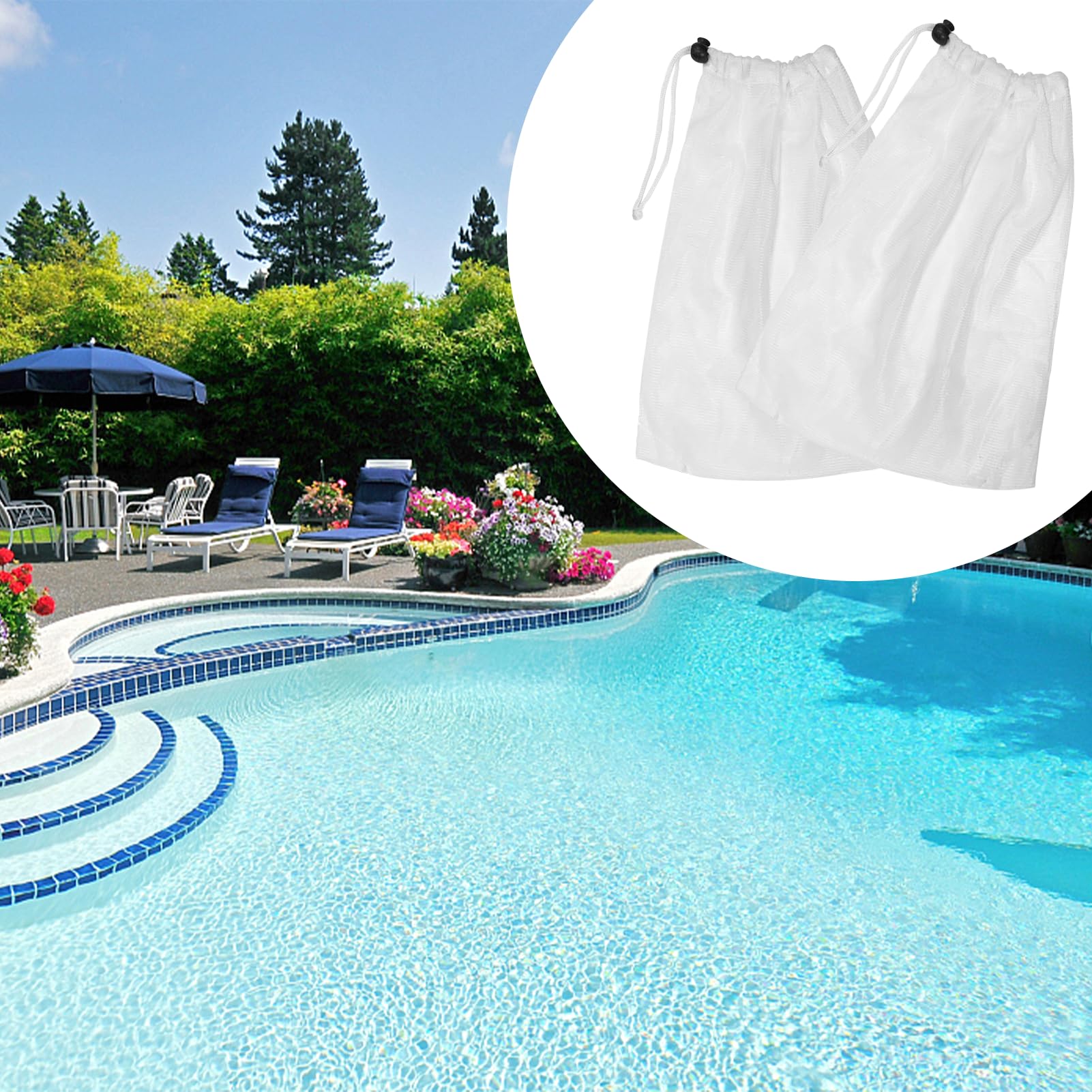 Lot de 2 sacs de collecte de rechange en filet,sacs d'aspirateur pour sol,sac en filet,avec cordon de serrage et fermeture pour le nettoyage des feuilles de piscine, UWW001, Blanc.