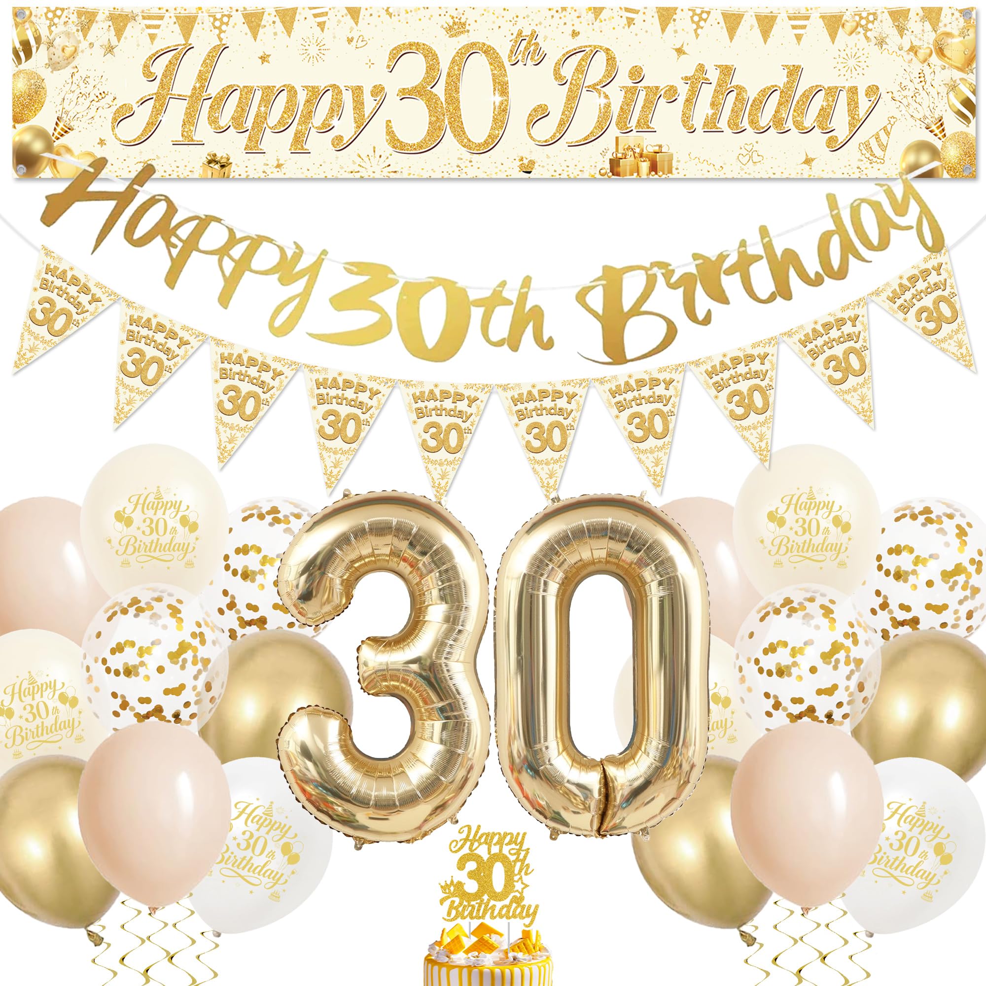 Happy 30th Birthday Decorations for Women - Gold Happy 30th Birthday Banner Sand White Latex Balloons, Cake Topper and Pennants for 30 Year Old Birthday Party