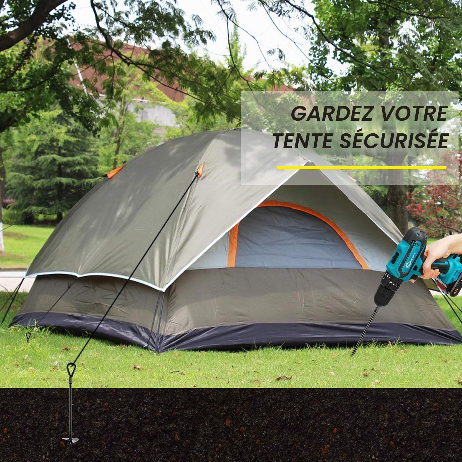 Ancres au Sol AGPTEK, kit d'ancrage au Sol de 4 piquets mesurant 38cm de Long et 1.3cm d’épaisseur, ancrages au Sol très résistants, Parfaits pour tentes, auvents, abris, Trampolines et balançoires