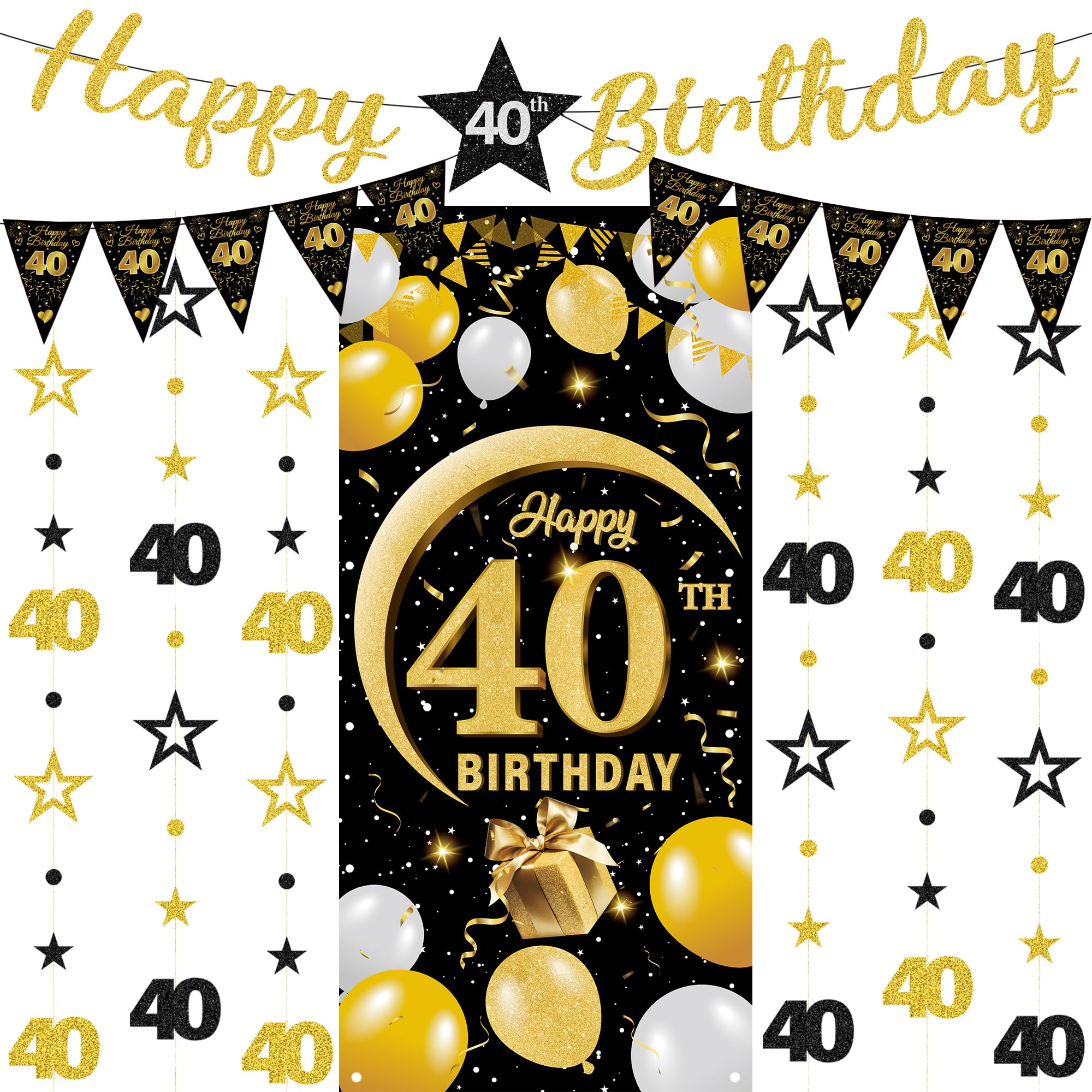 40th Birthday Decorations Banner Set - 9 Pcs Black Gold Happy 40th Birthday Background Banners Triangle Flags Number 40 Circle Dot Twinkle Star Garland for Forty Year Old Party Supplies Decor — image 1