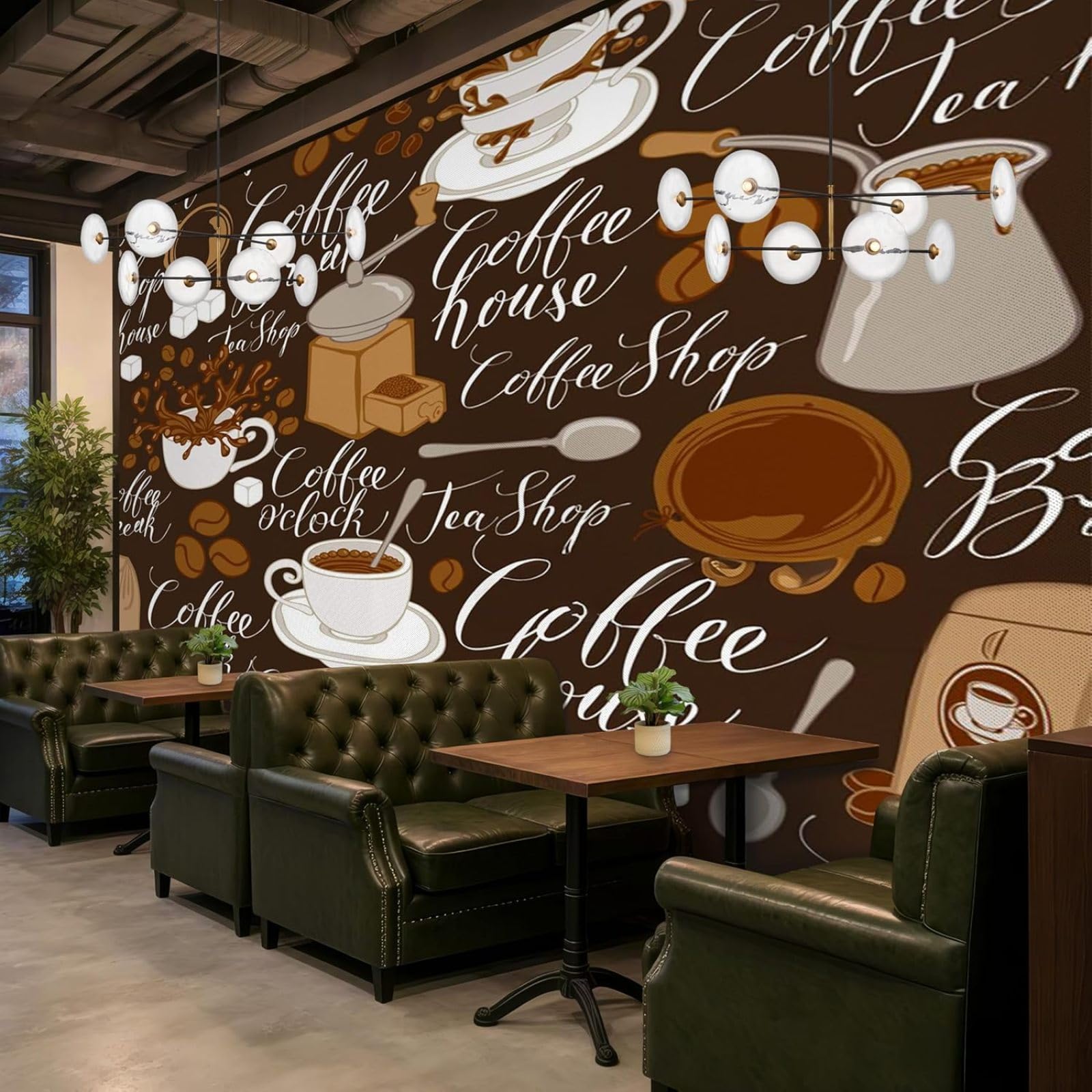 Carta da parati con motivo a tazza di caffè e chicchi di caffè, marrone e bianco, moderna, per soggiorno, camera da letto, bar, cucina, decorazione murale, 400 cm x 280 cm