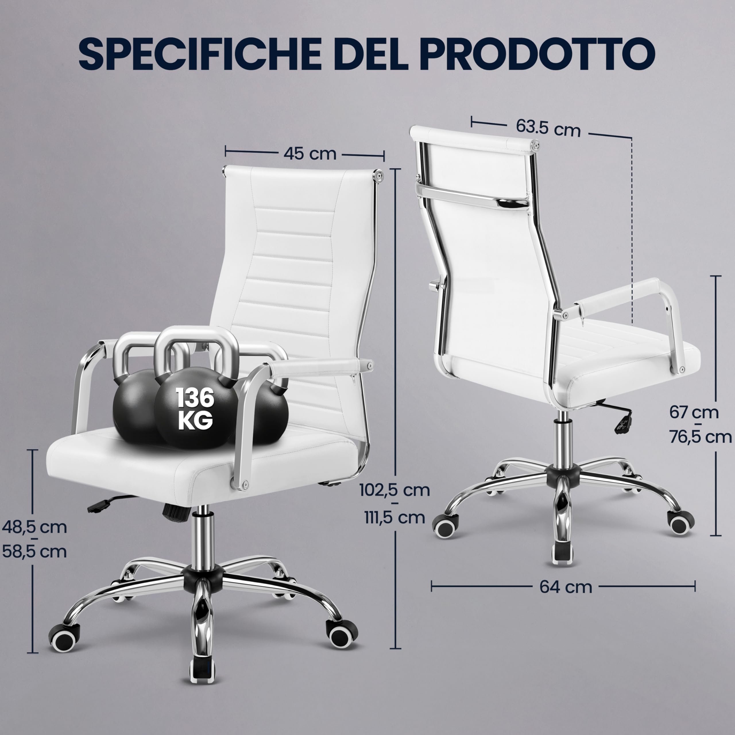 Yaheetech Sedia da Ufficio Scrivania Bianca Ergonomica in Finta Pelle con Schienale Alto Reclinabile a Dondolo Rotelle Girevole 360° Altezza Regolabile Portata 136 KG
