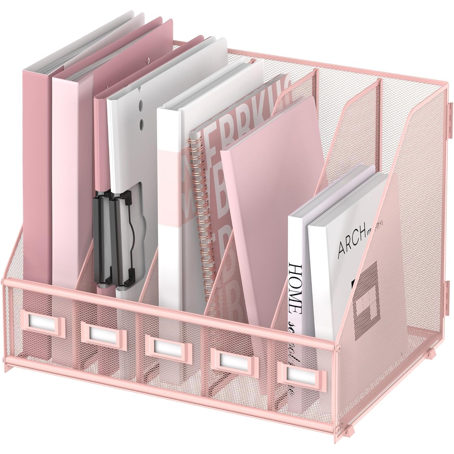 Organiseur de bureau en métal avec 5 compartiments verticaux pour bureau, rose