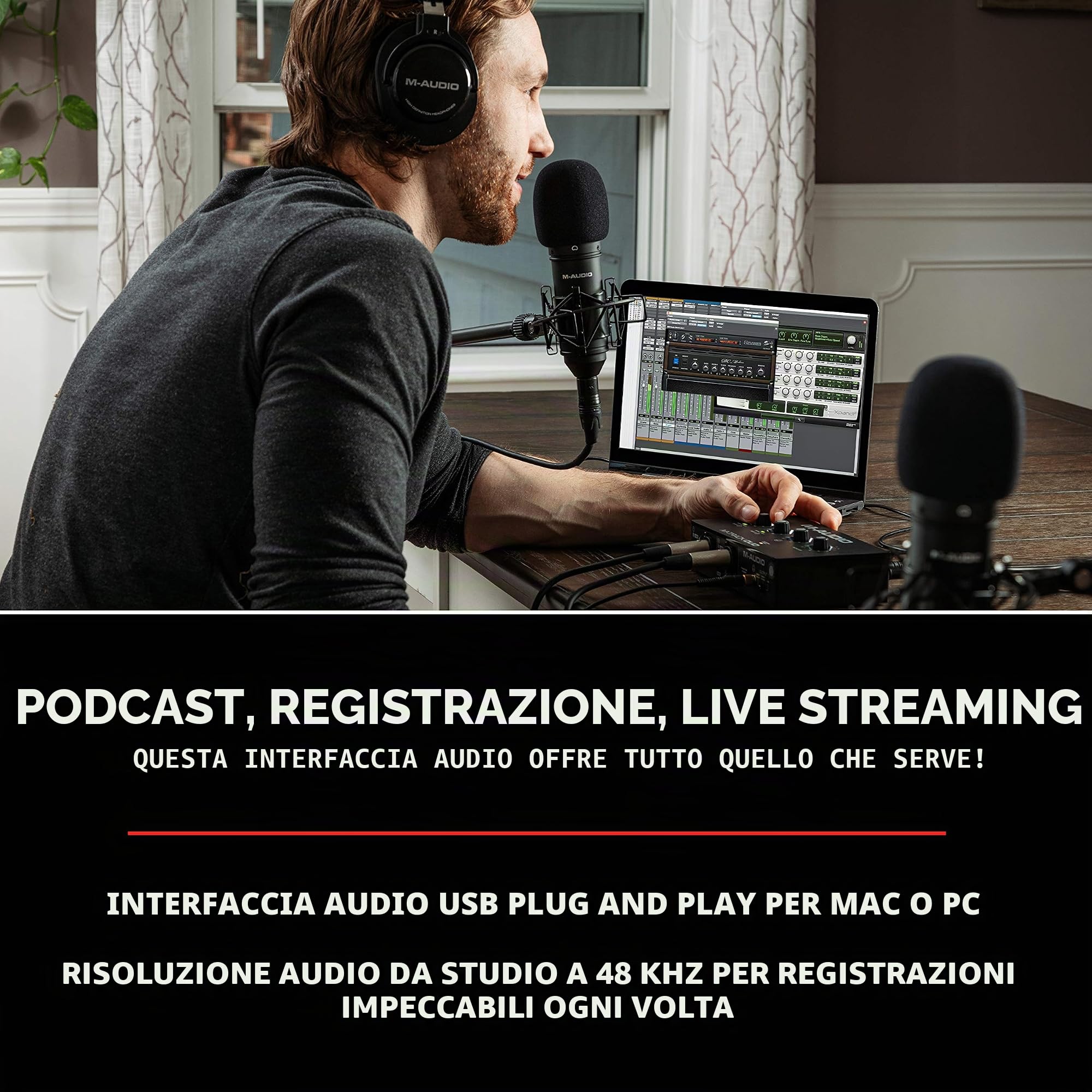 M-Audio M-Track Duo — Interfaccia audio Scheda audio Esterna USB per registrazione, streaming, podcasting con ingressi XLR, Line e DI e software & AKG K52 Closed Back Cuffie, Nero