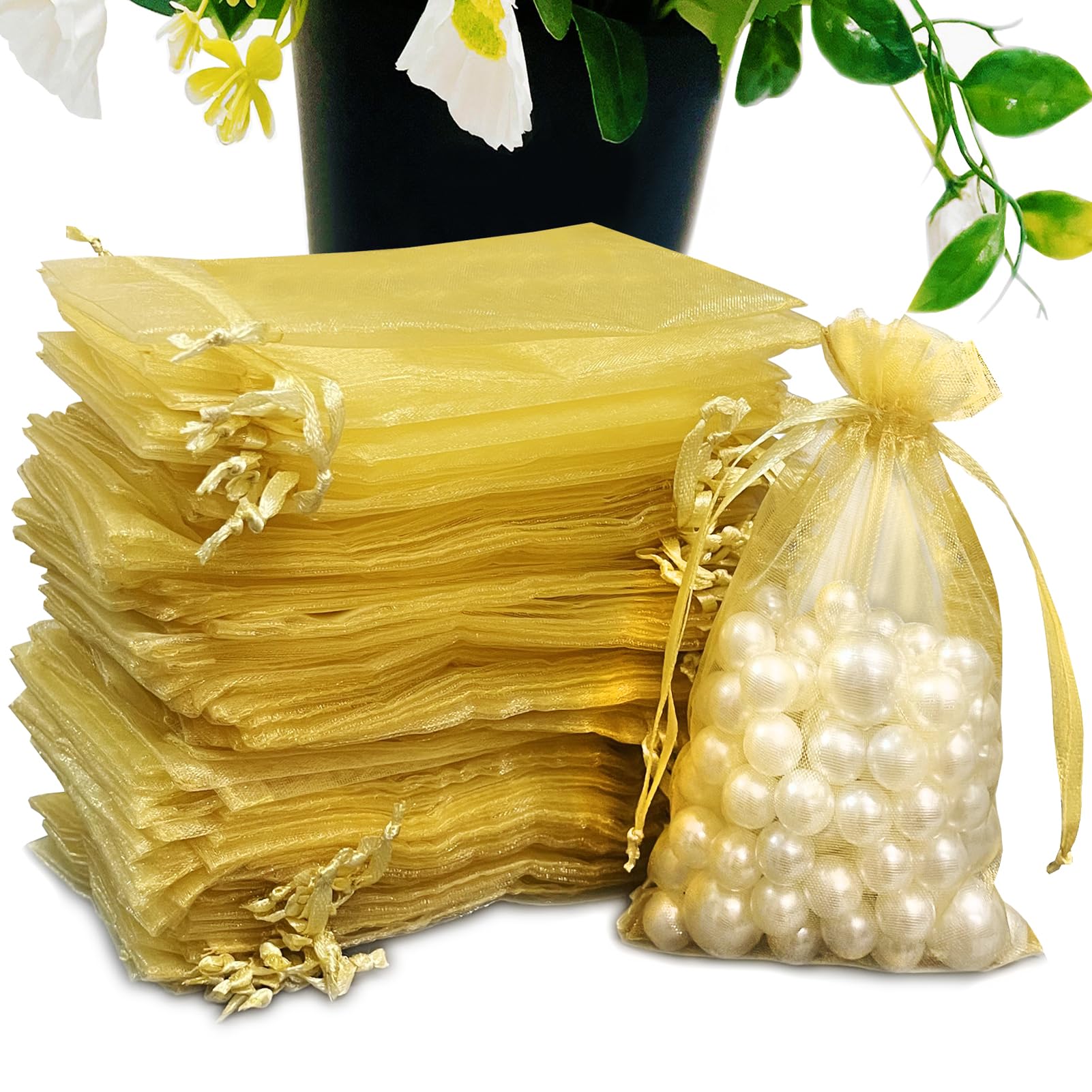 SIAGCRAW Organza Bags 4"x6", 100Pcs Gold Small Mesh Drawstring Gift Bags