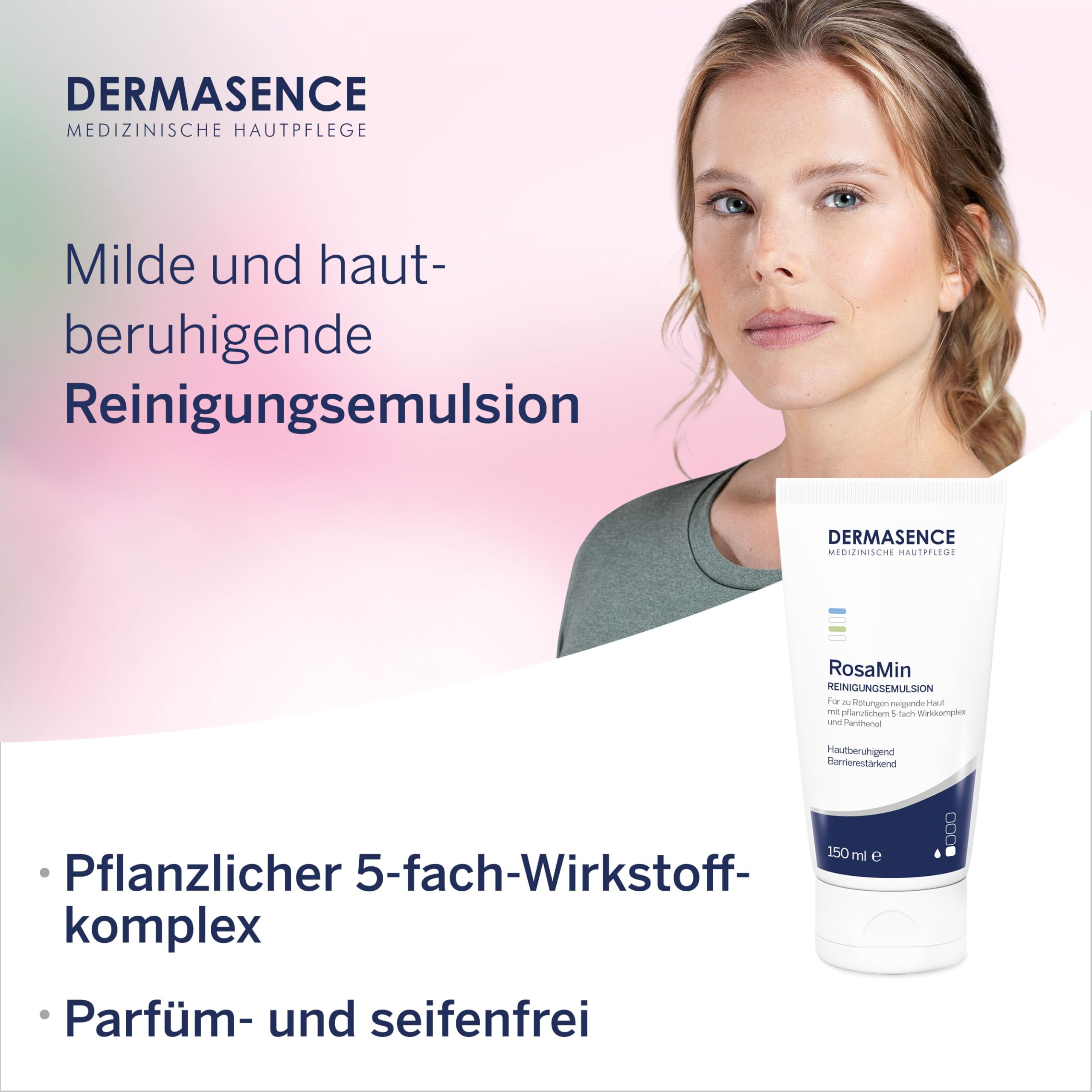 DERMASENCE RosaMin Reinigungsemulsion, 150 ml – Milde Gesichtsreinigung bei Rötungen, parfümfrei, seifenfrei, ideal bei empfindlicher Haut und Rosacea, Make-up-Entferner, feuchtigkeitsspendend, vegan