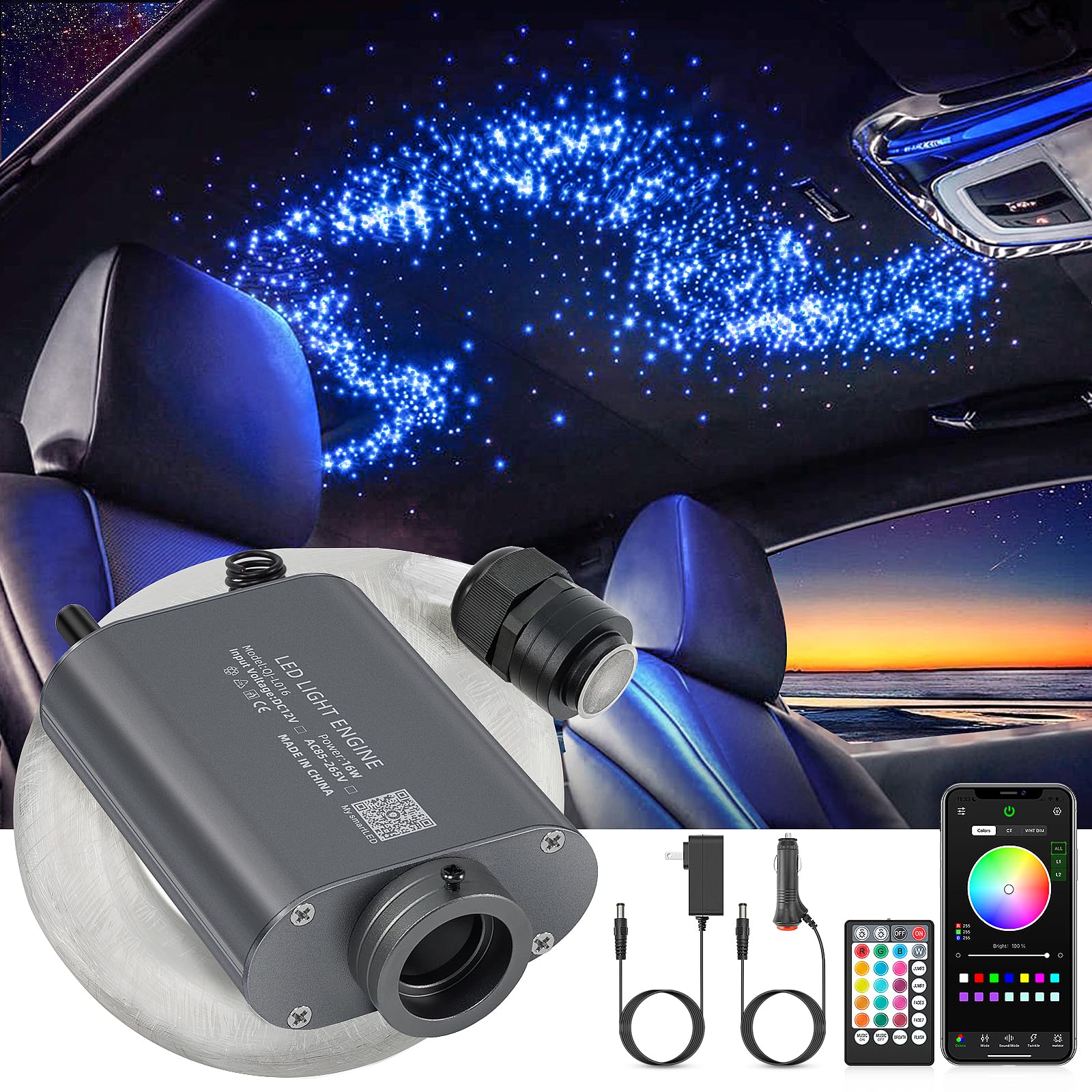SUNKENET 16W Starlight Headliner Kit, Star Lights for Car Roof&Home Decoration, Fiber Cable 260pcs*0.03in*6.5ft RGBW Star Light Headliner with