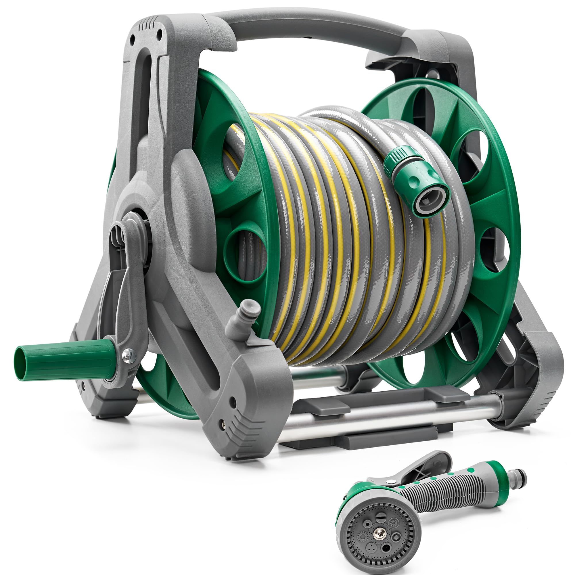Vivo 25M Garden Compact Hose Reel Free Standing Wall Mounted Nozzle Fittings Frame