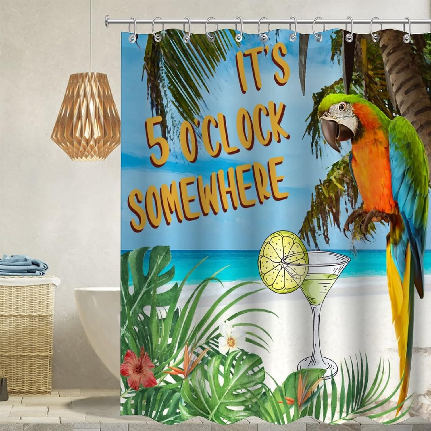 It's Five O'clock Somewhere Shower Curtain with Hooks Watercolor Tropical Parrot Beach Bath Curtains Waterproof Fabric Polyester Shower Curtain for Bathtub Home Bathroom 60" X 72"