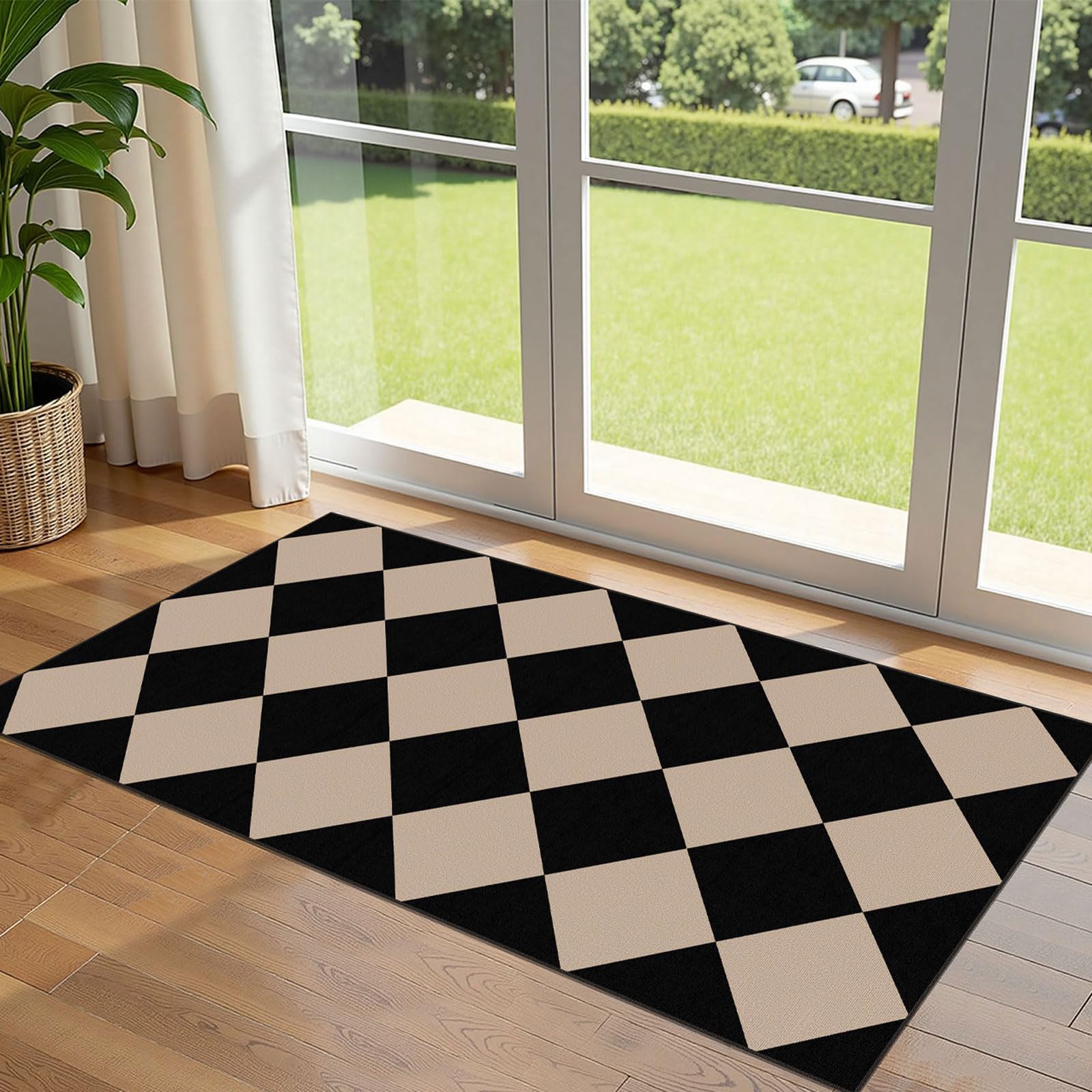 Othilic Front Door Mat Indoor Entrance - 2x4.3 Ft Black Tan Non-Slip Washable Outdoor Porch Rug Doormats Geometric Checkered Diamond Layered Rug for