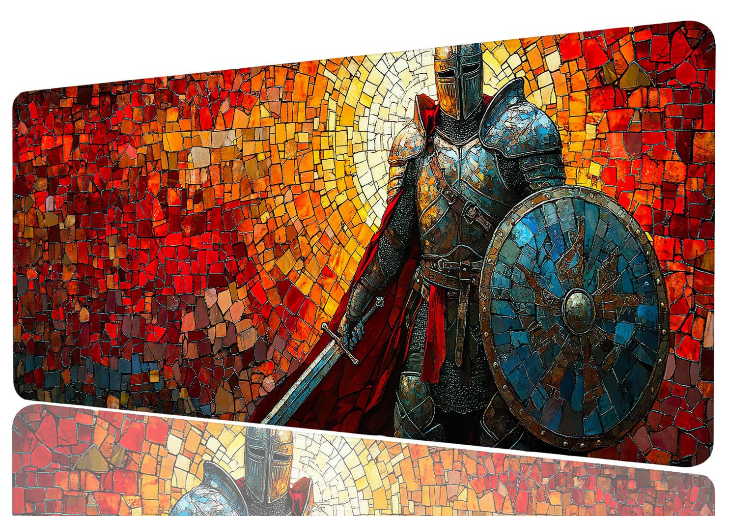 Knight Mouse Pad Stained Glass Shield Sword Retro Extended Gaming Desk Pad Mat with Stitched Edge Non-Slip Base Office Computer Keyboard Laptop Home 31.5"x11.8"