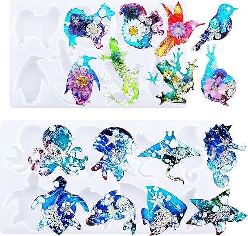XXKJSZJQ Moldes de resina de silicona 2 juegos de moldes de resina epoxi de animales con 16 tipos de animales marinos terrestres moldes de silicona