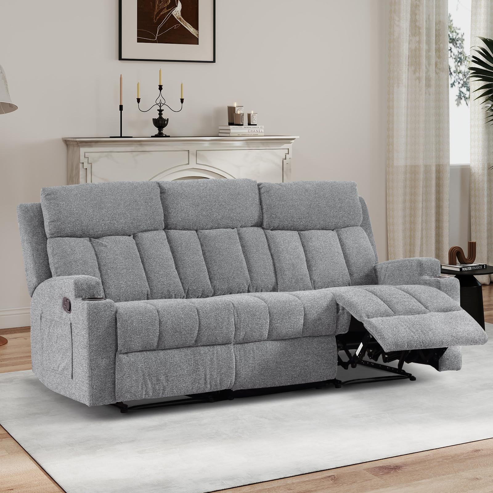 CANMOV Manual Recliner Sofa Set, Fabric Reclining Sofa Chair with Side Pockets and Cup Holders, Living Room Set Includes 3 Seate&Loveseat for Bedroom, Meeting Room, Home Theater, Light Grey view 8