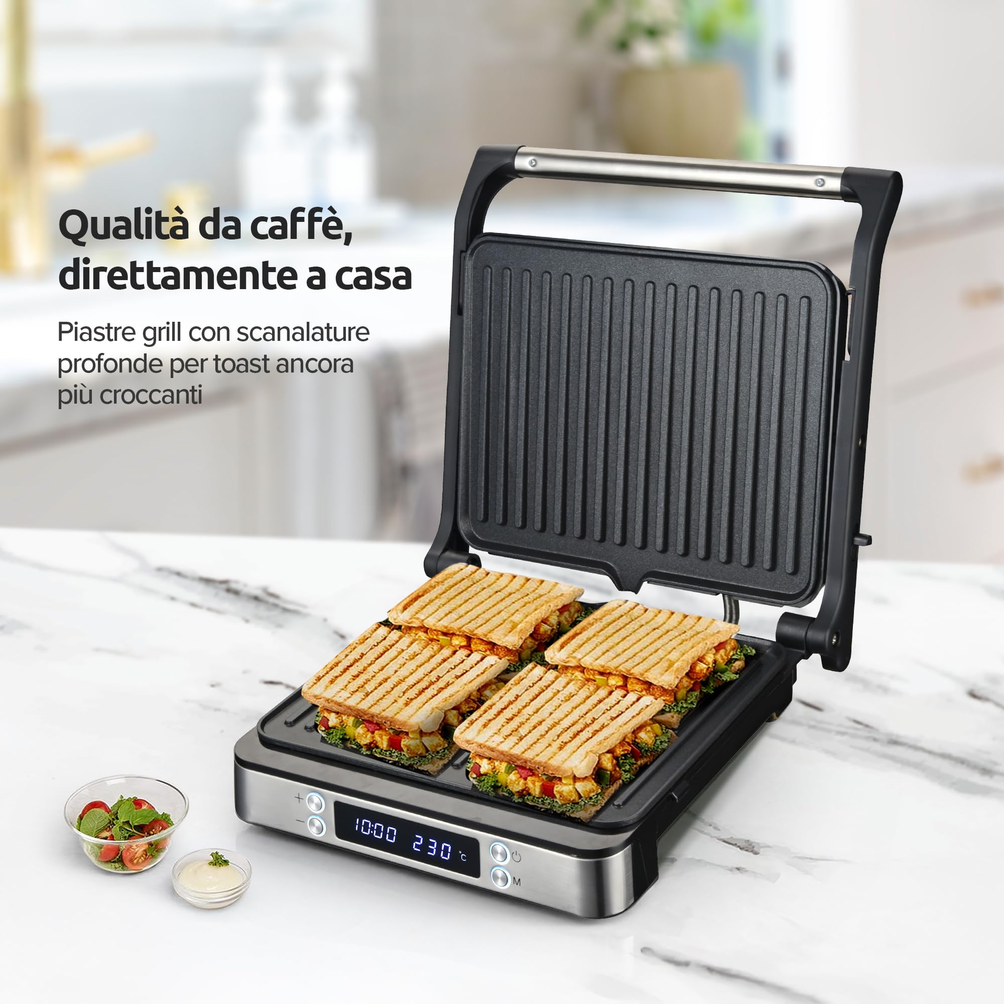Olvy Grill digitale a contatto con piastre antiaderenti, macchina per panini 3 in 1, griglia aperta a 180°, temperatura regolabile, timer, ampia area di cottura, manico Cool-Touch, Argento