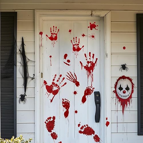 84 Pcs Halloween Window Clings, Bloody Handprint and Footprint Stickers, Zombie Bathroom Floor Decals for Restroom Party Decorations, 8 Sheets