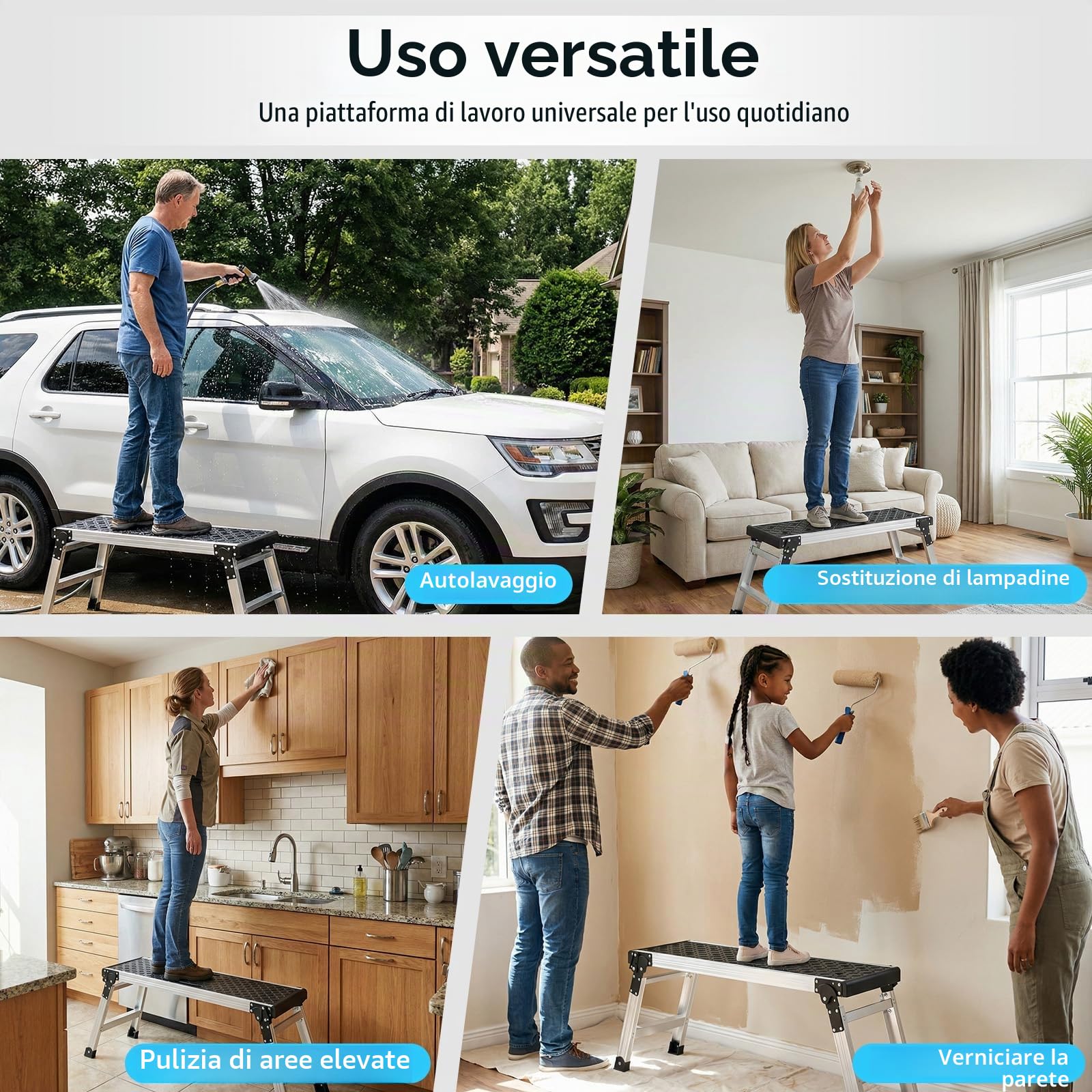 Johgee - Piattaforma da lavoro pieghevole in alluminio, piattaforma da lavoro pieghevole con piedi antiscivolo, sgabello pieghevole con blocchi di sicurezza per la pulizia dell'auto, pittura, officina