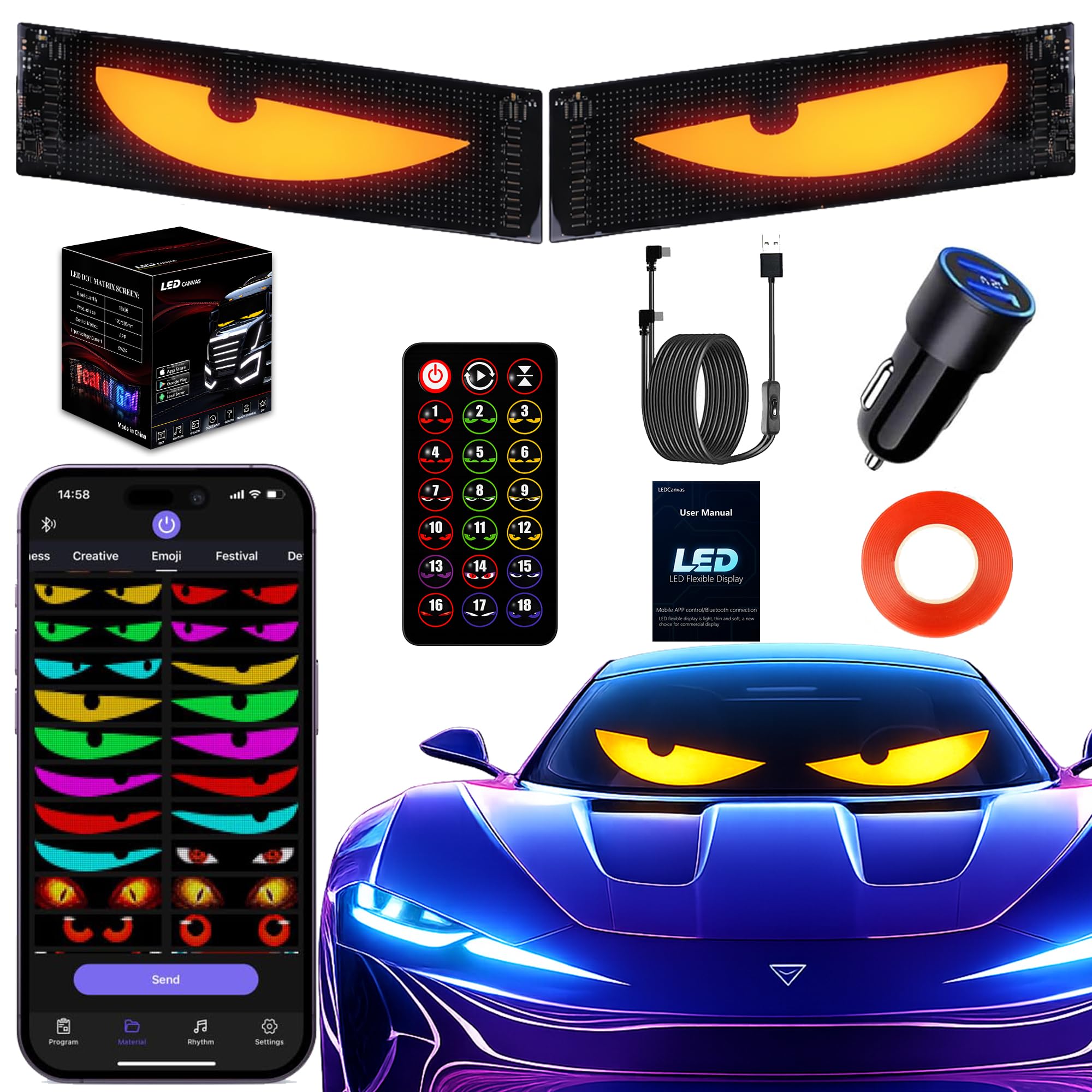 LED Auto Occhi “Devil Eyes” – Display LED Programmabile USB per Parabrezza/Lunotto, Impermeabile, Ultrasottile e Flessibile, Pannello Matrix Dinamico Softscreen DIY, 2 Pezzi, 9,2 × 37,4 cm