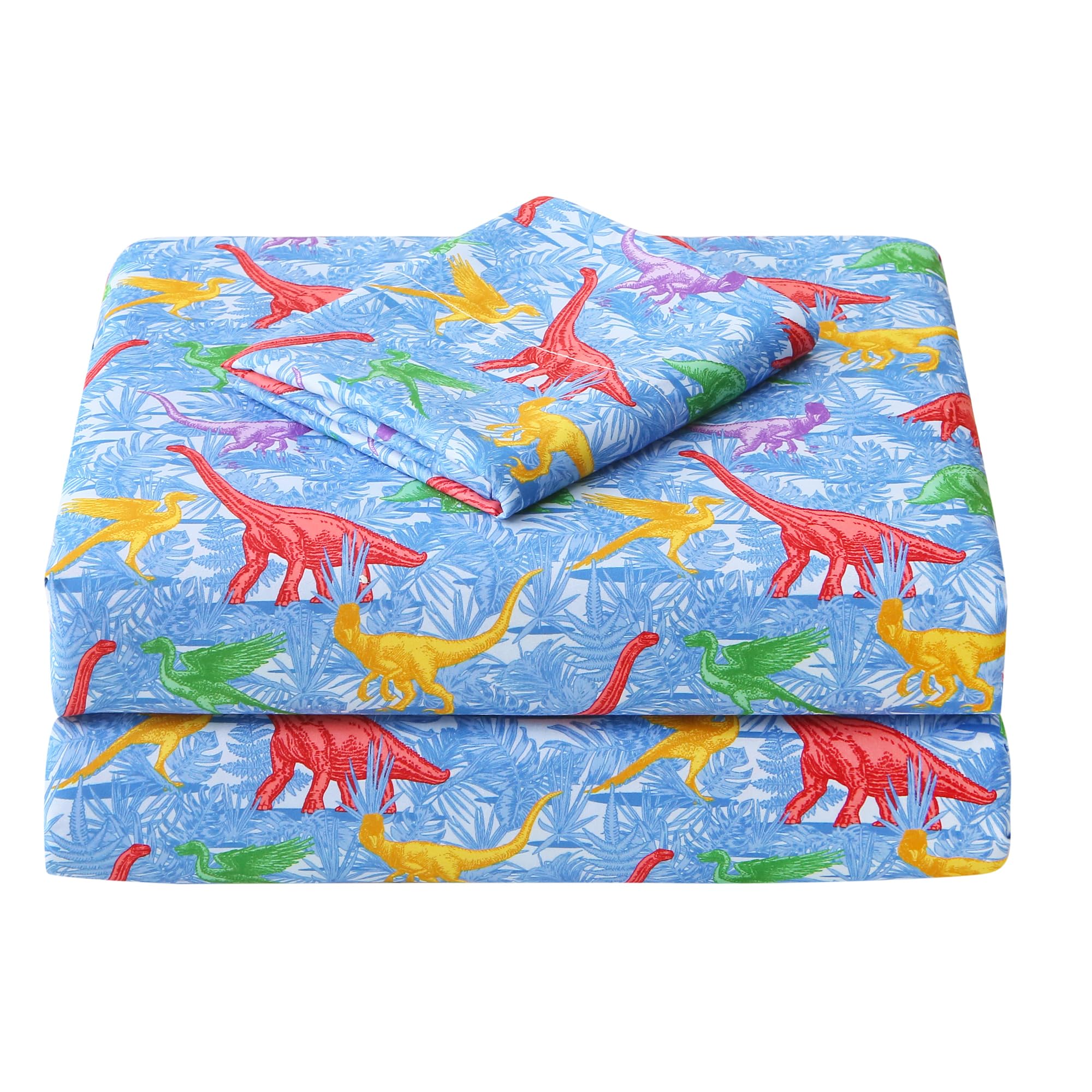 Viviland 3 Pieces Boys Dinosaur Twin Sheet Set - Soft Microfiber Fitted Flat Sheets &amp; Pillowcase Bed Sheet Set - Blue Forest Dinosaur Print Bedding Sets for Kids