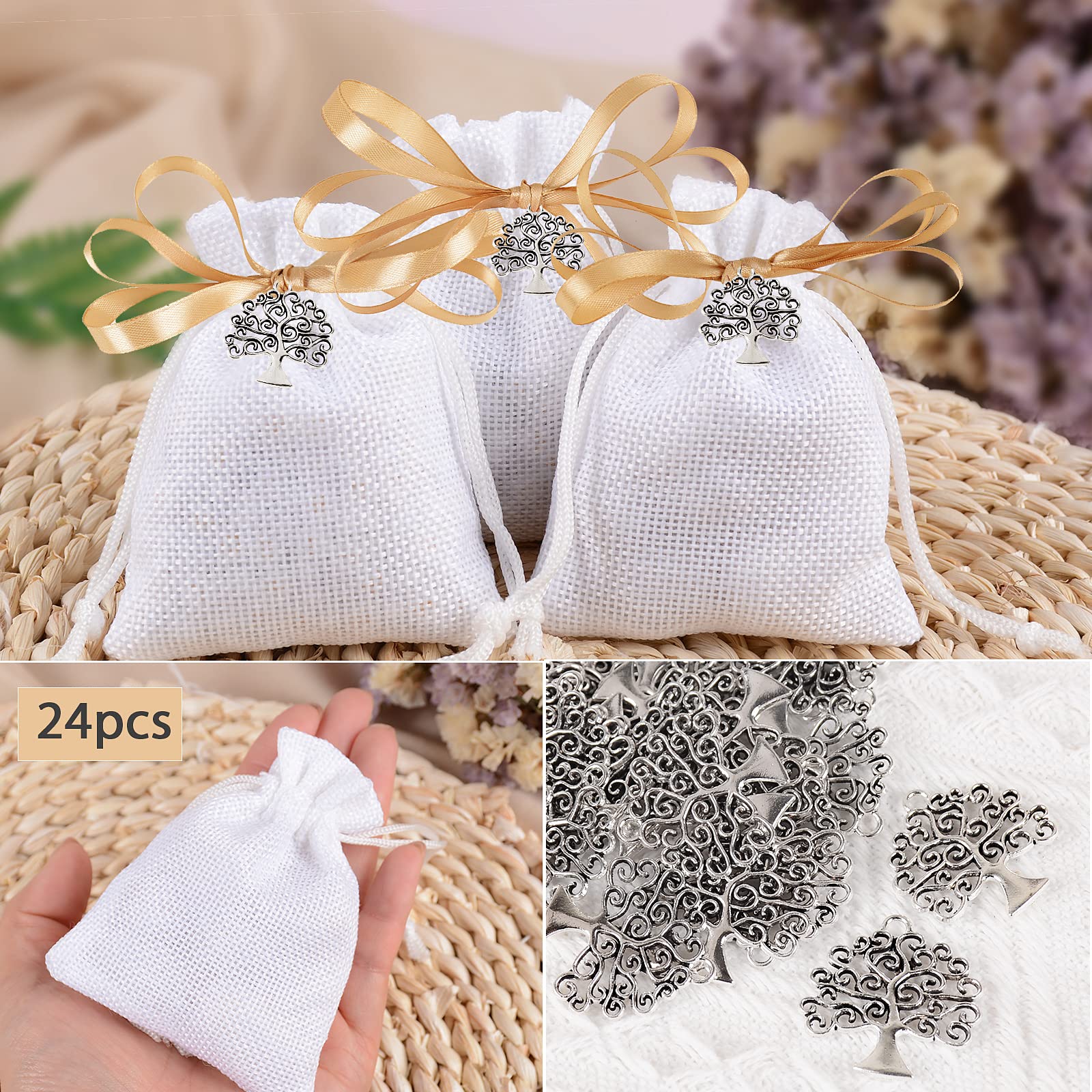 24 Sachets Jute + 24 Pendentifs Arbre De Vie + Ruban Or - Kit Décoration Communion Baptême Mariage