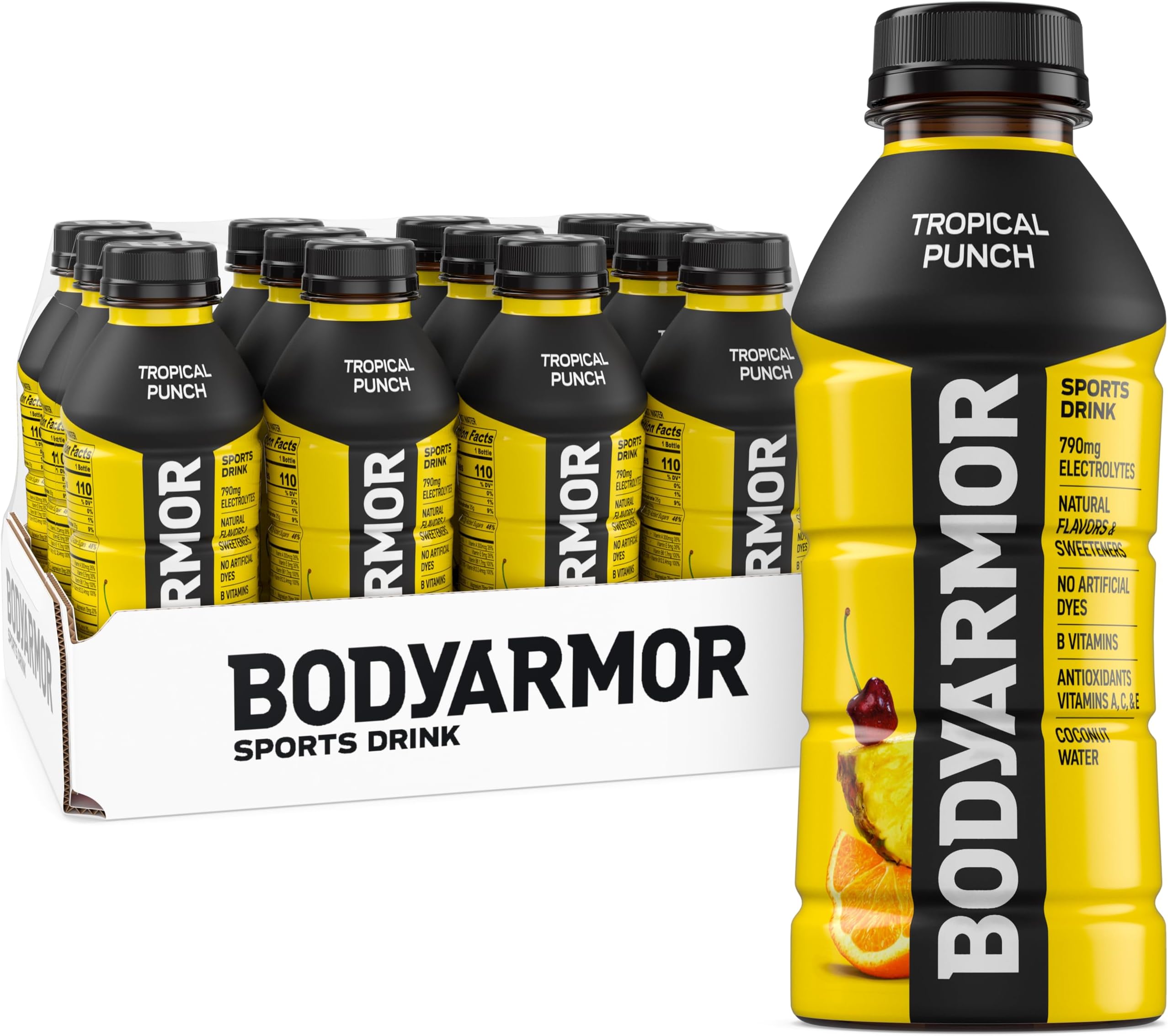 BODYARMOR Sports Drink Sports Beverage, Tropical Punch, Natural Flavor With Vitamins, Potassium-Packed Electrolytes, Perfect For Athletes, 16 Fl Oz (Pack of 12)