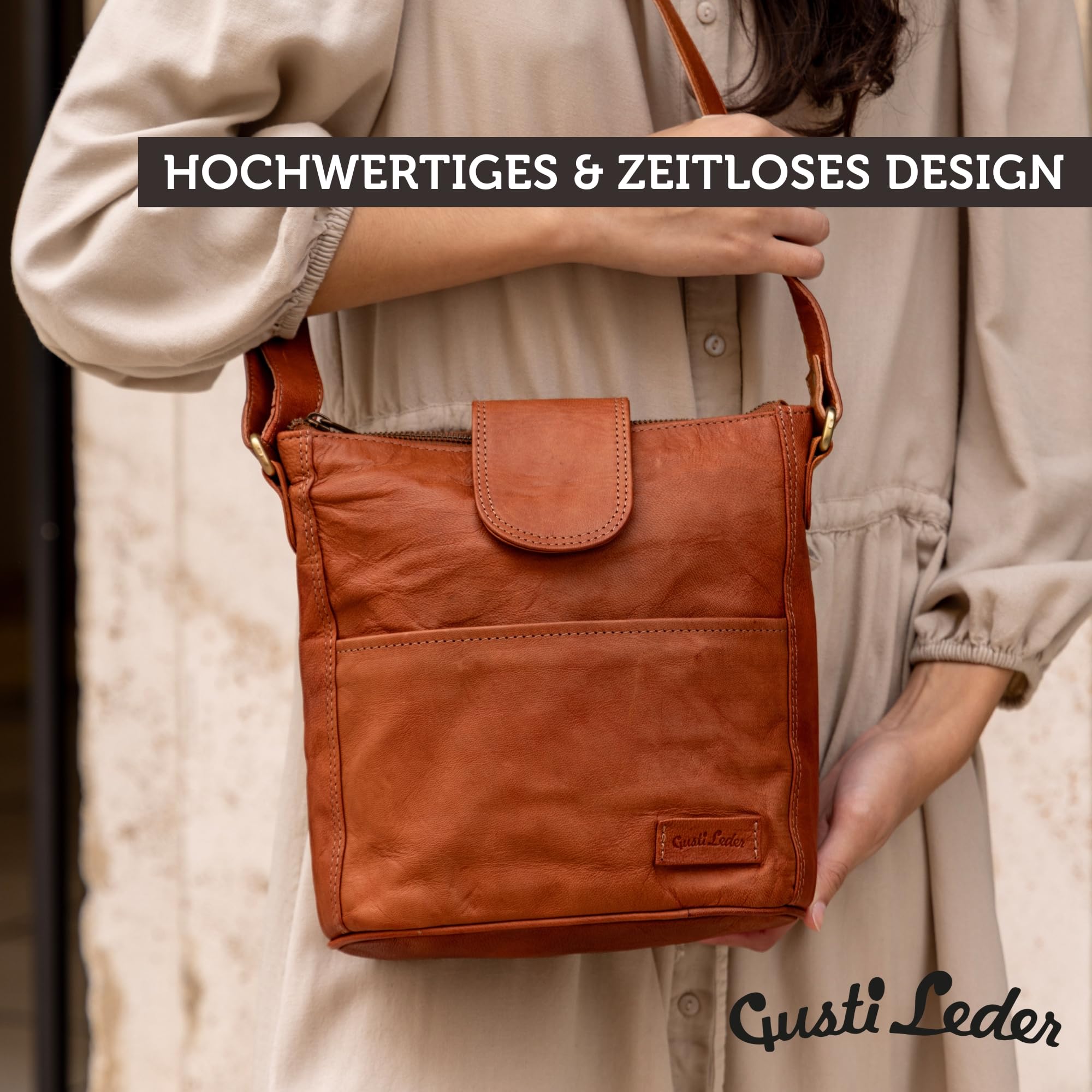 Gusti Leder Umhängetasche - Jaqueline S Vintage Shopper Leder, Crossbody Bag Damen aus echtem Ziegenleder, verstellbarer Riemen, Braun