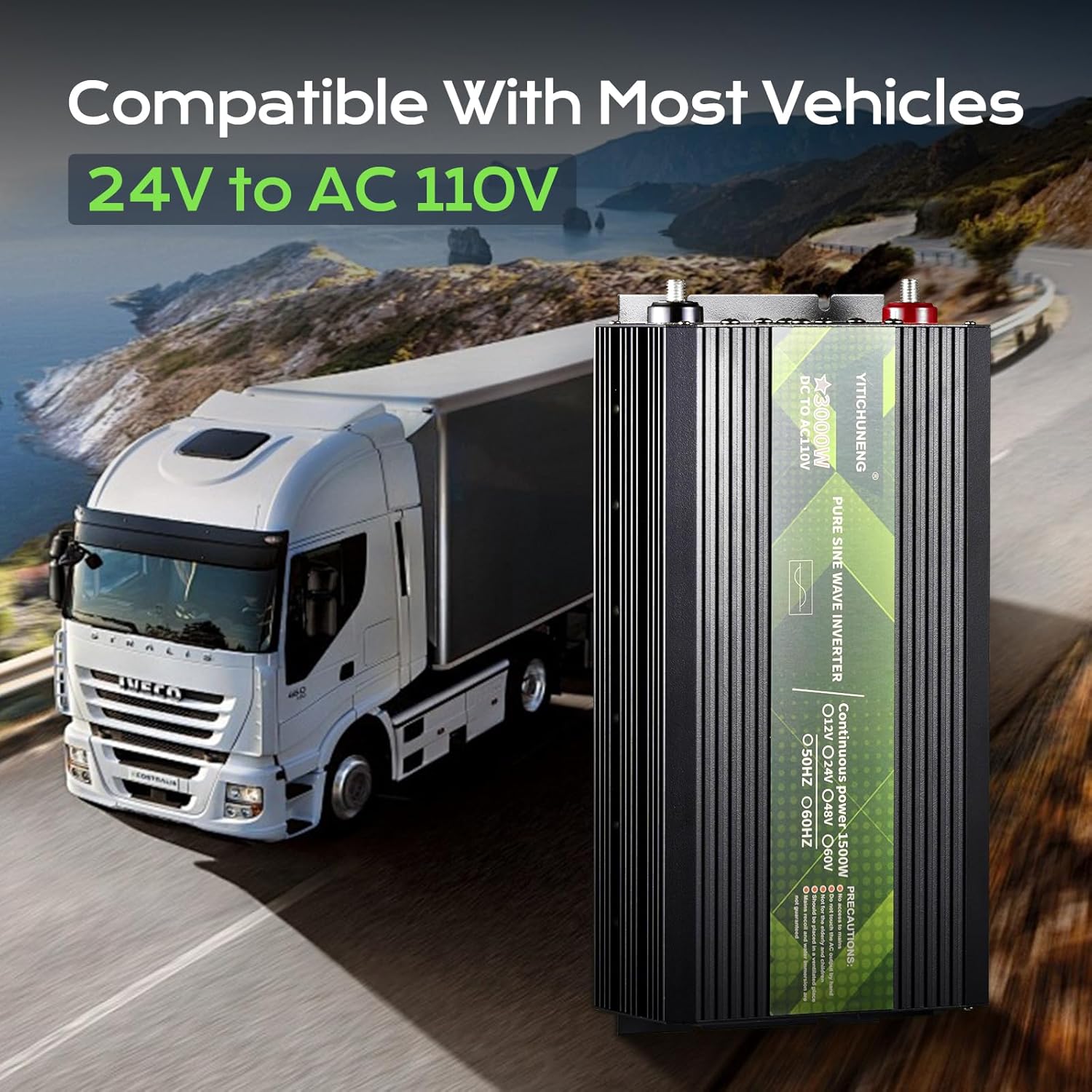 1500W Pure SINE Wave Inverter,24V DC to 110V AC Converter for Ry,Truck,Solar,Backup Power,Surge Power 3000W,with AC Sockets.