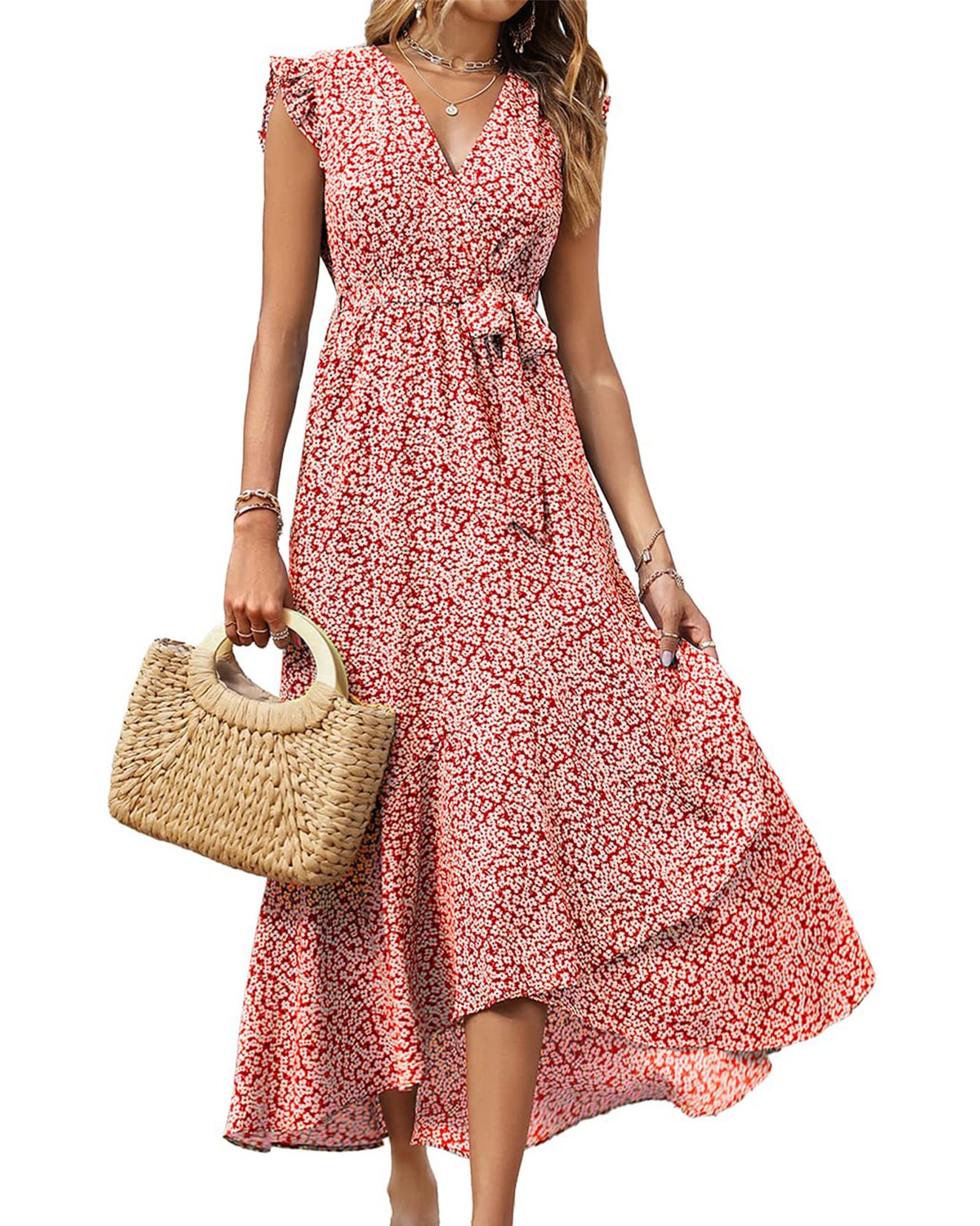 BTFBM Summer Floral Maxi Dress for Women 2025 Vacation Ruffle Sleeve V Neck Belt Wrap Spring Beach Wedding Guest Dresses