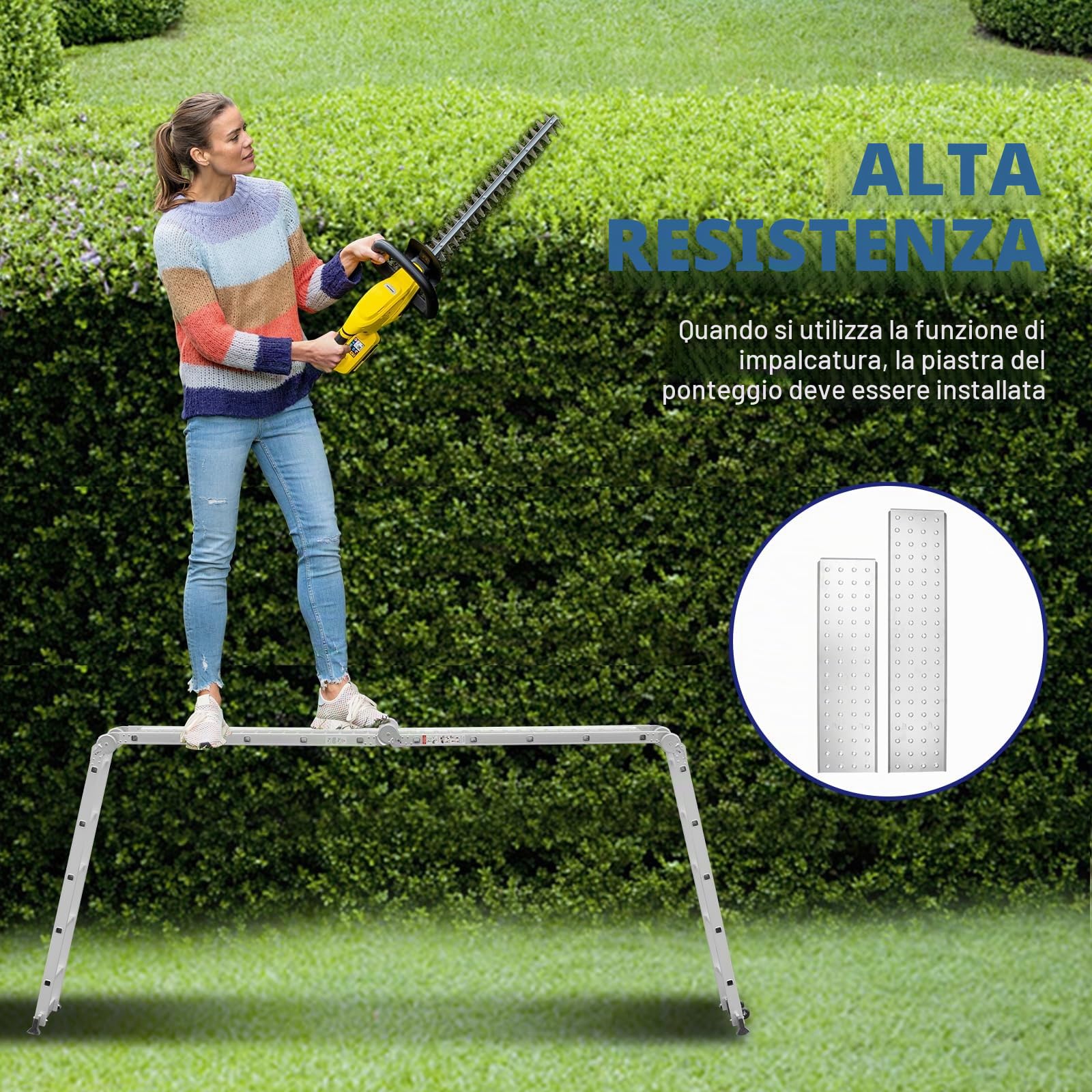 TEENO Scala Multiuso 7 in 1 in Alluminio, 5.82 M, 4x5 Gradini, Scaletta Pieghevole con 2 Piattaforme, 2 Ruote Removibili e Piedini in Gomma, Scala Telescopica Oortata 150 kg, Argento