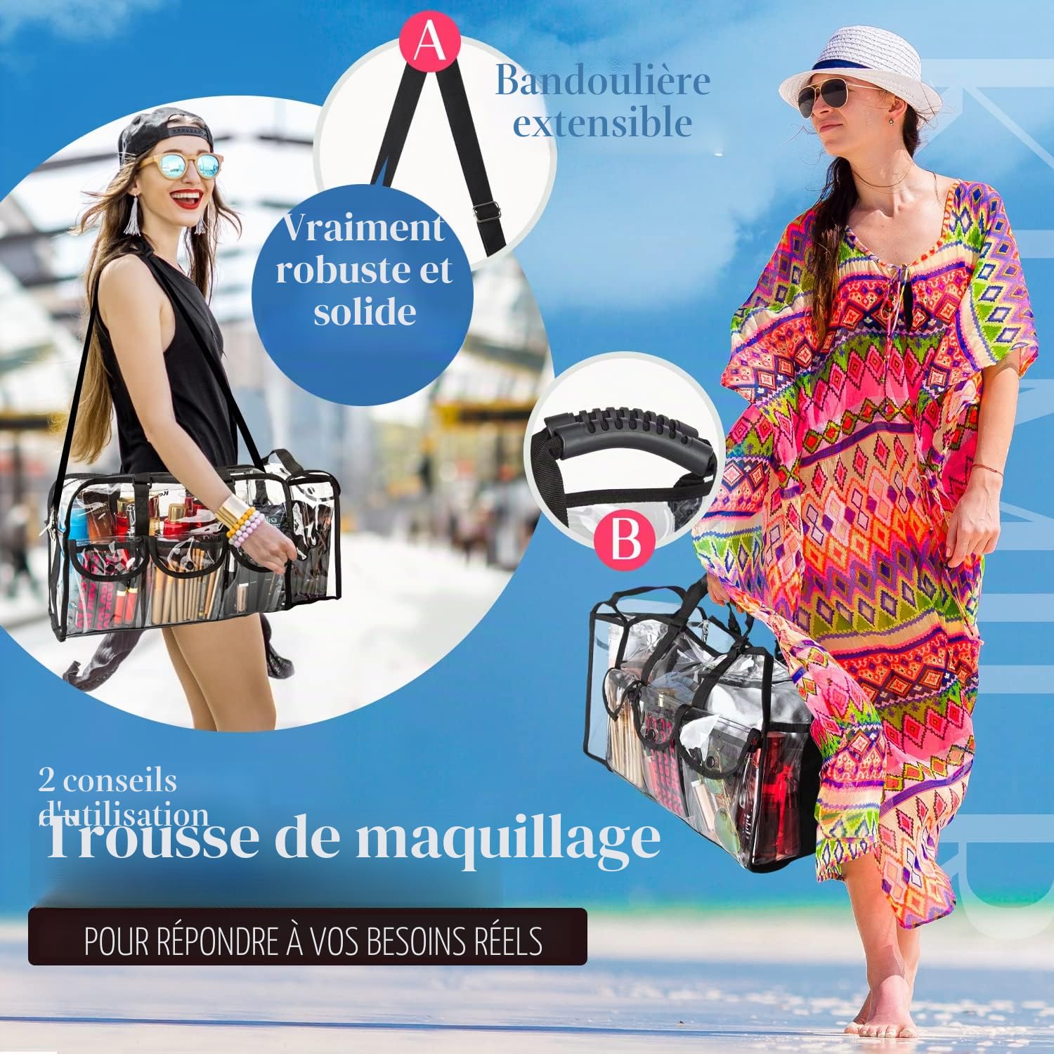Sac Transparent de Trousse de Maquillage pour Voyage avec 6 Grandes Poches Extérieures étui de Rangement Cosmétique avec Bandoulière