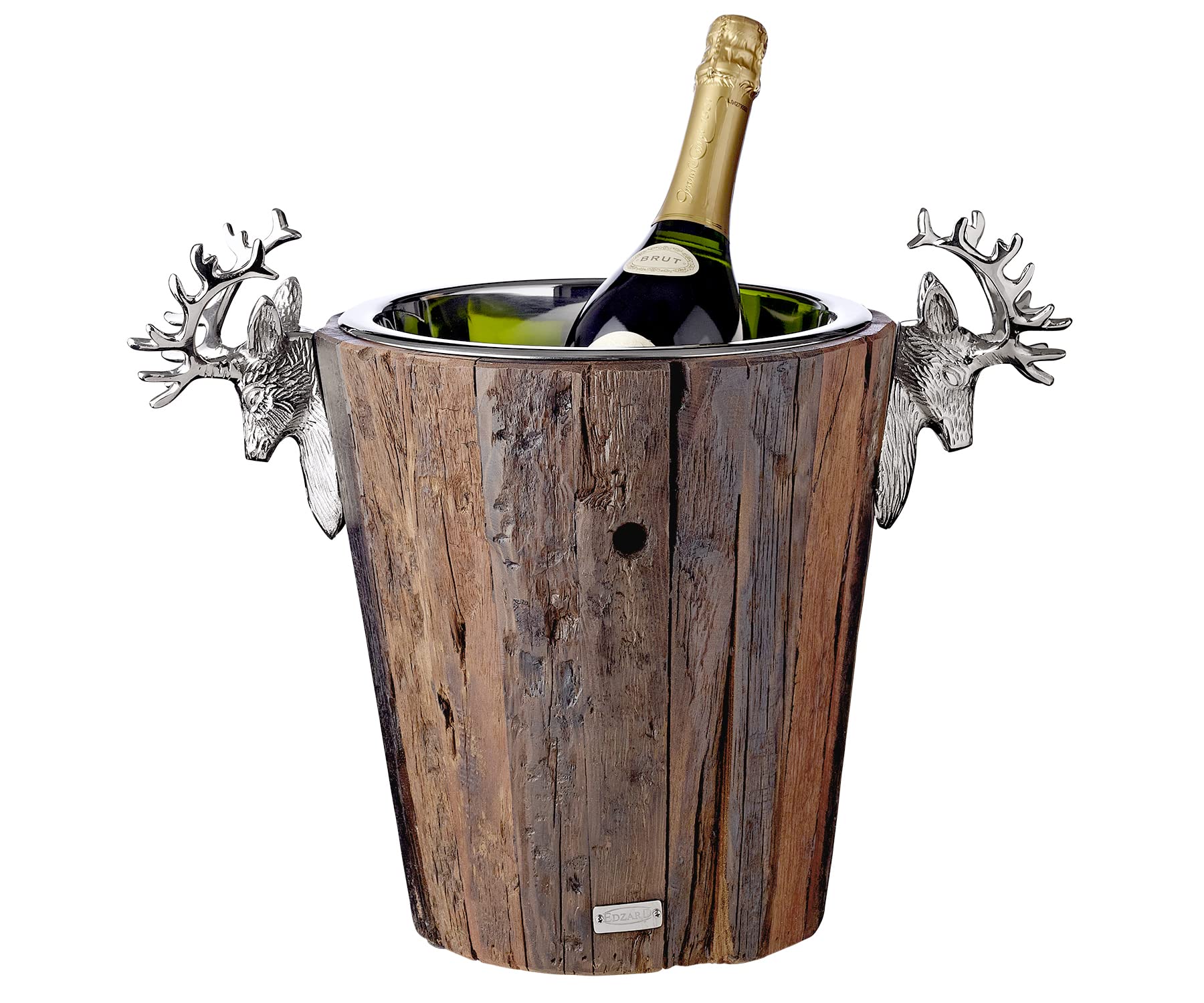 EDZARD Enfriador de Botellas Milwaukee, Altura 29 cm, Madera, con inserción de Acero Inoxidable, Asas con diseño de Cabeza de Ciervo, Enfriador de champán, Enfriador de Vino