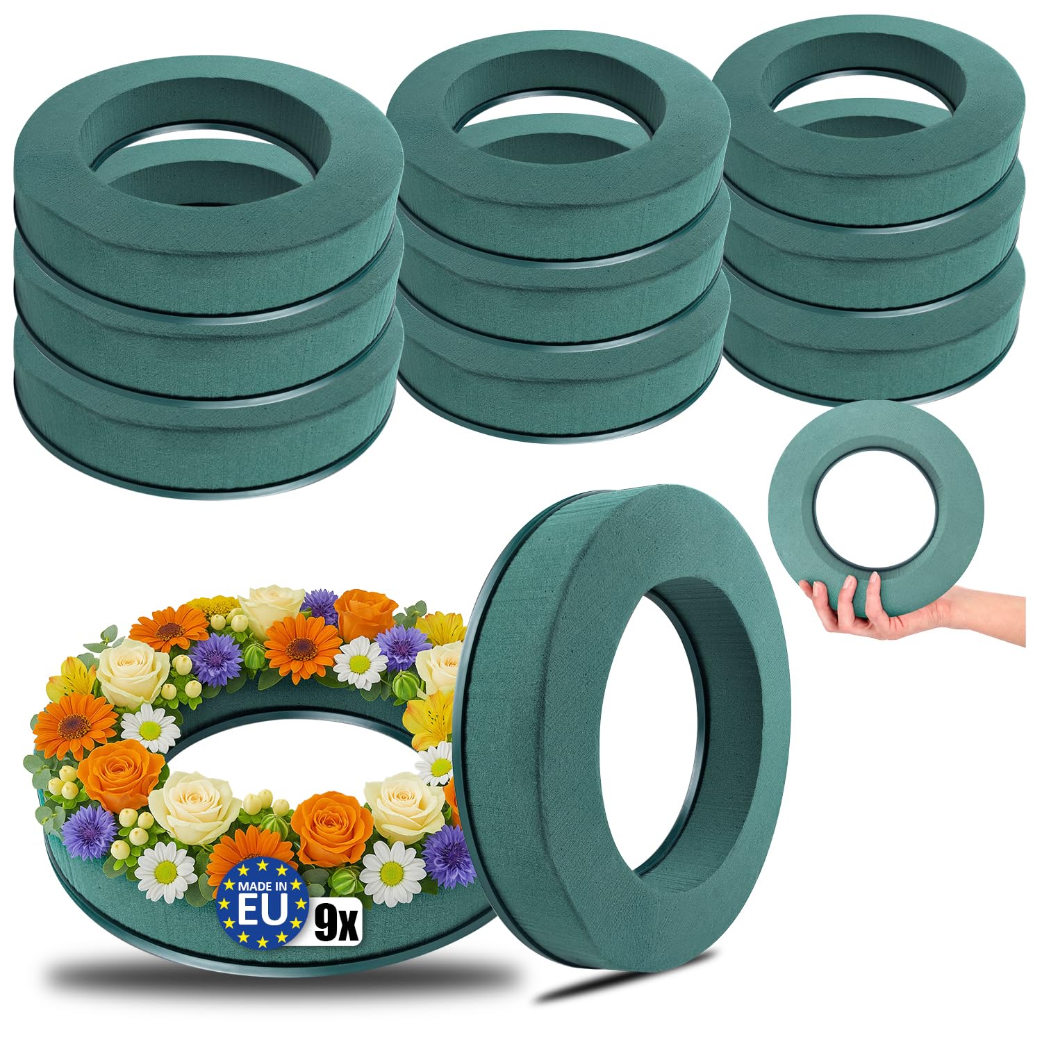 com-four® 9X Steckmasse für Blumengestecke in Ringform, Steckschaum | Steckschwamm zum Basteln für Hochzeit - Ostern und Geburtstag