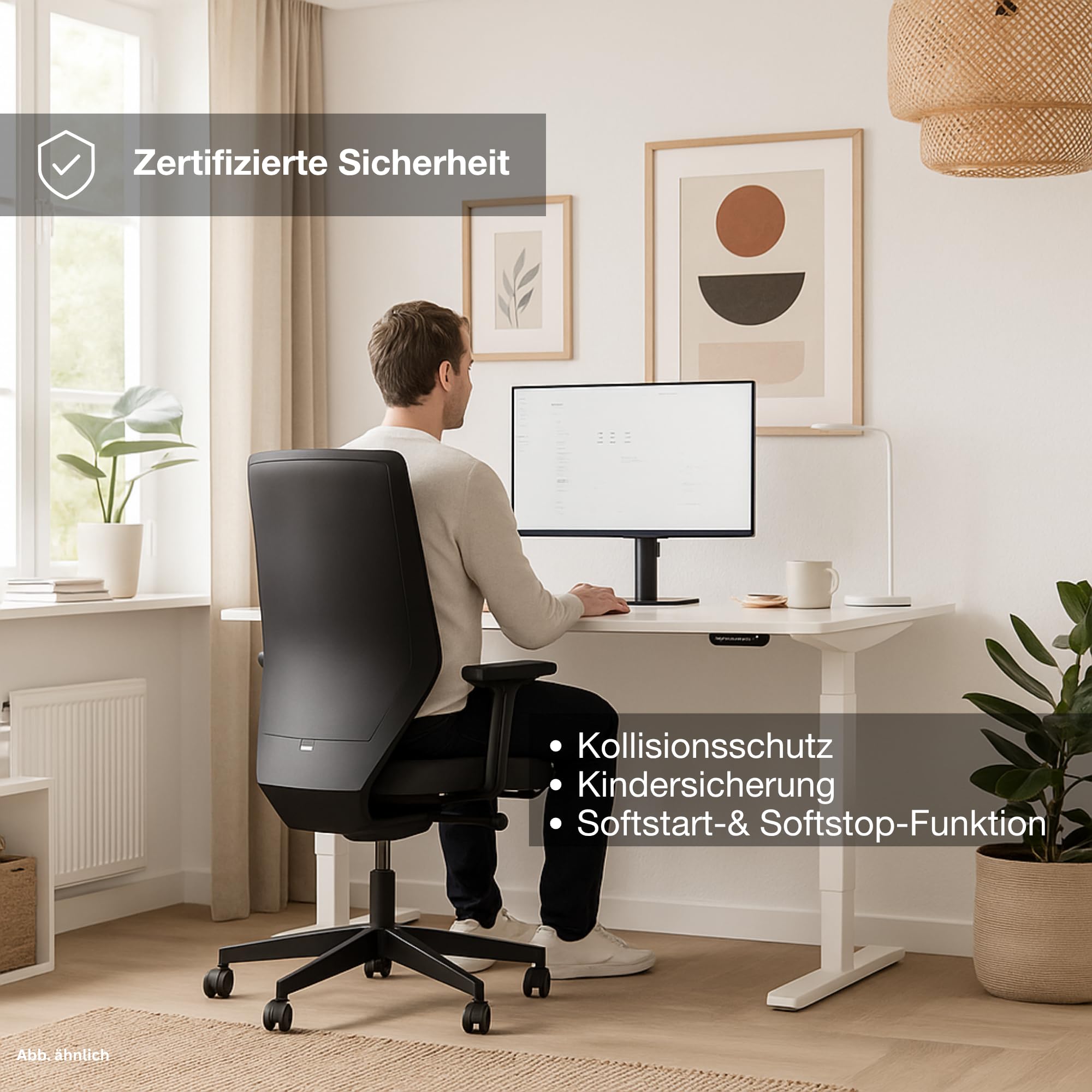 ASSMANN Höhenverstellbarer Schreibtisch elektrisch, 180x80cm, TÜV-geprüft | stufenlos verstellbar mit Aufprallschutz, ergonomischer Schreibtisch Made in Germany, abgerundete Ecken, Eiche Tabak/Schwarz
