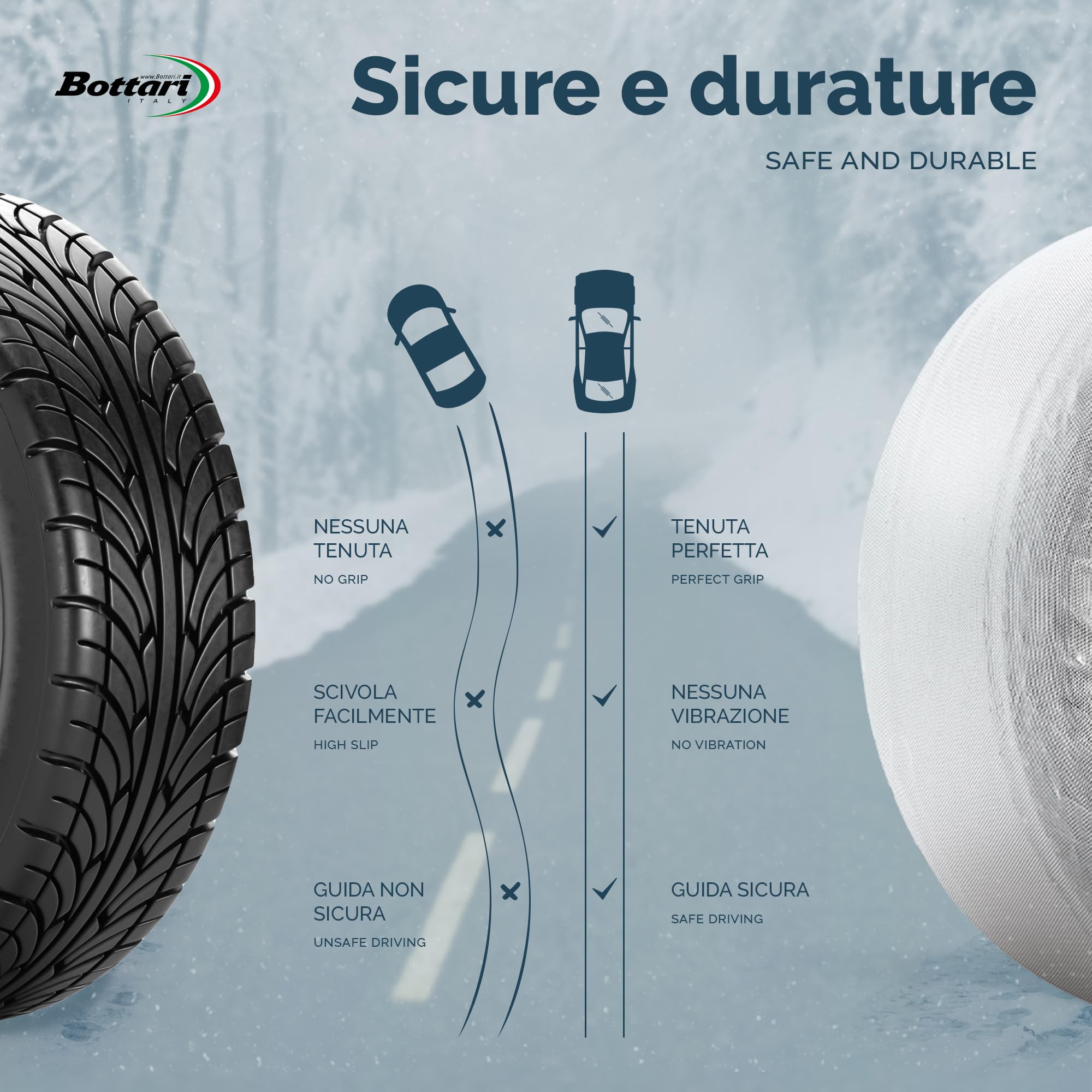 Bottari Calze da Neve Snow Socks Omologate Italia, Taglia XL, Bianco, Catene da Neve Tessili per R14 - R21 (Misure per Pneumatici Dettagliate all'Interno)