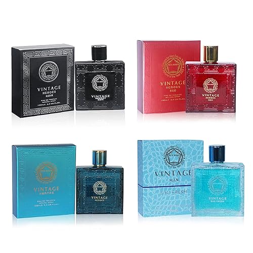 META-BOSEM Vintage Heroes - Juego de 4 botellas de colonia para hombres (Heroes+Rojo+Negro+Eau Fresh) Colección Clásica Botellas, Eau de Toilette