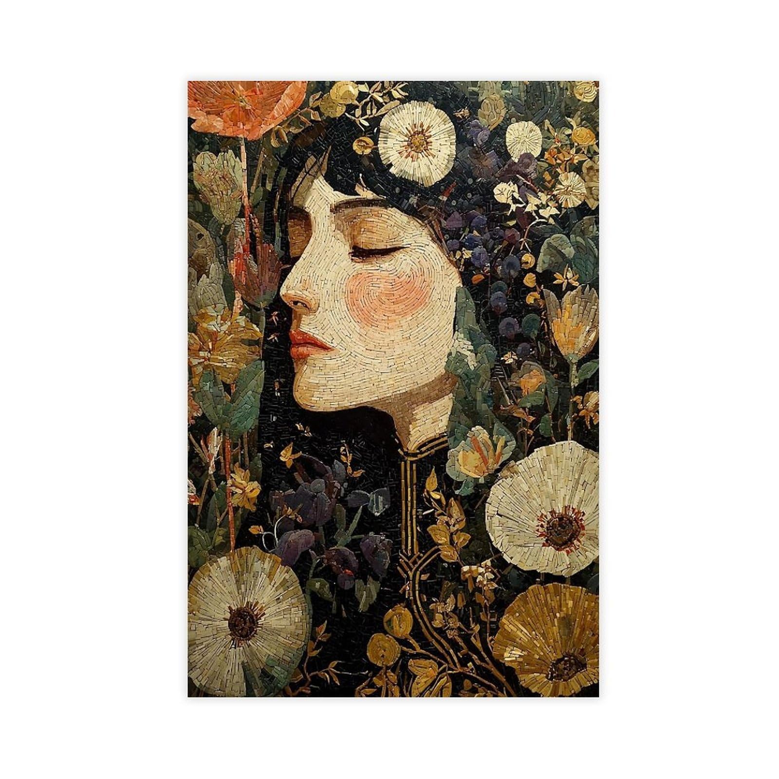 Bareronor Brown Floral Mosaic Woman Portrait Canvas Poster Bedroom Decor Landscape Office Room Decor Gift 24" L X 36" W
