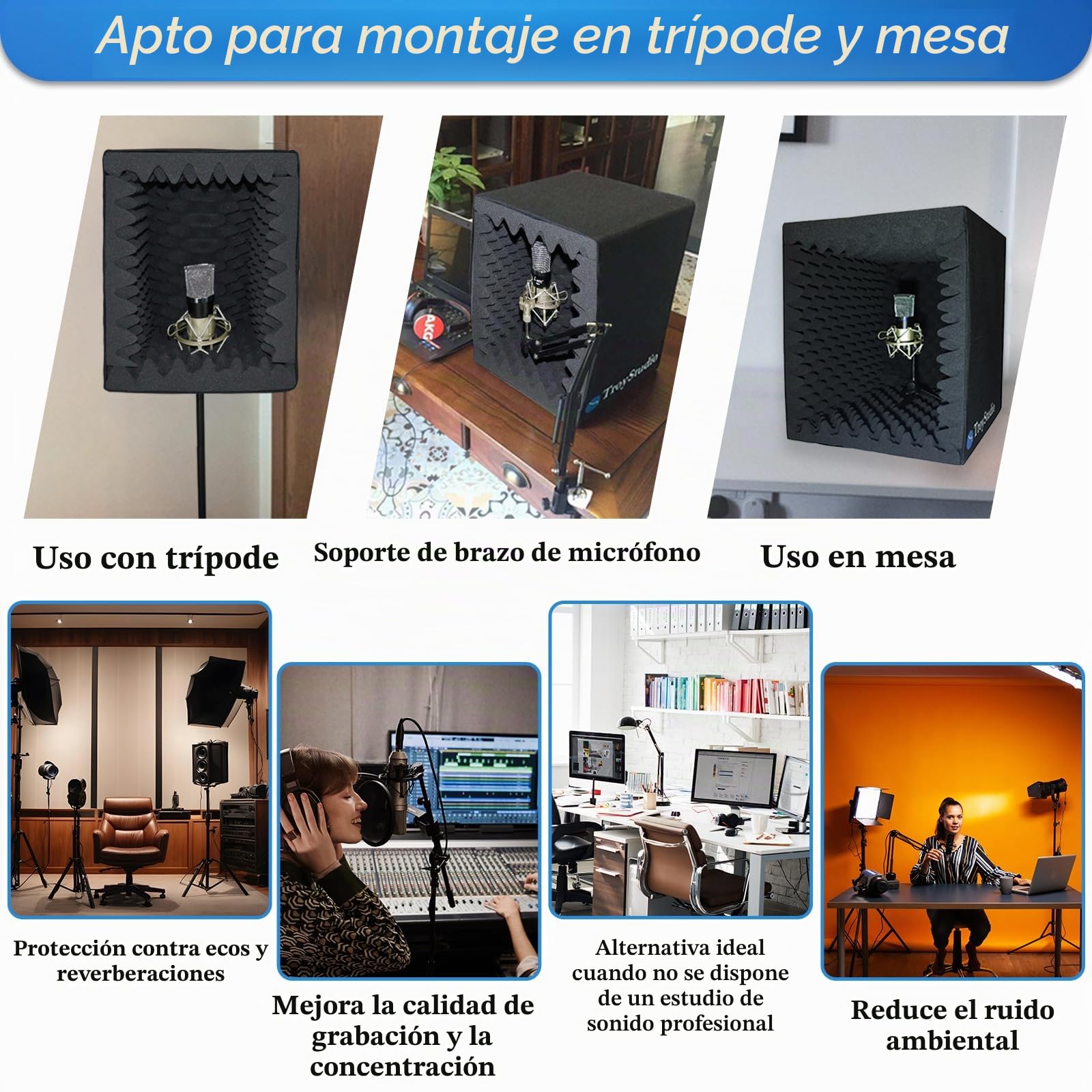 BXI Cabina vocal portátil para grabación de sonido, filtro reflectante y escudo aislante para micrófono, espuma grande y plegable, montaje en soporte, muy densa