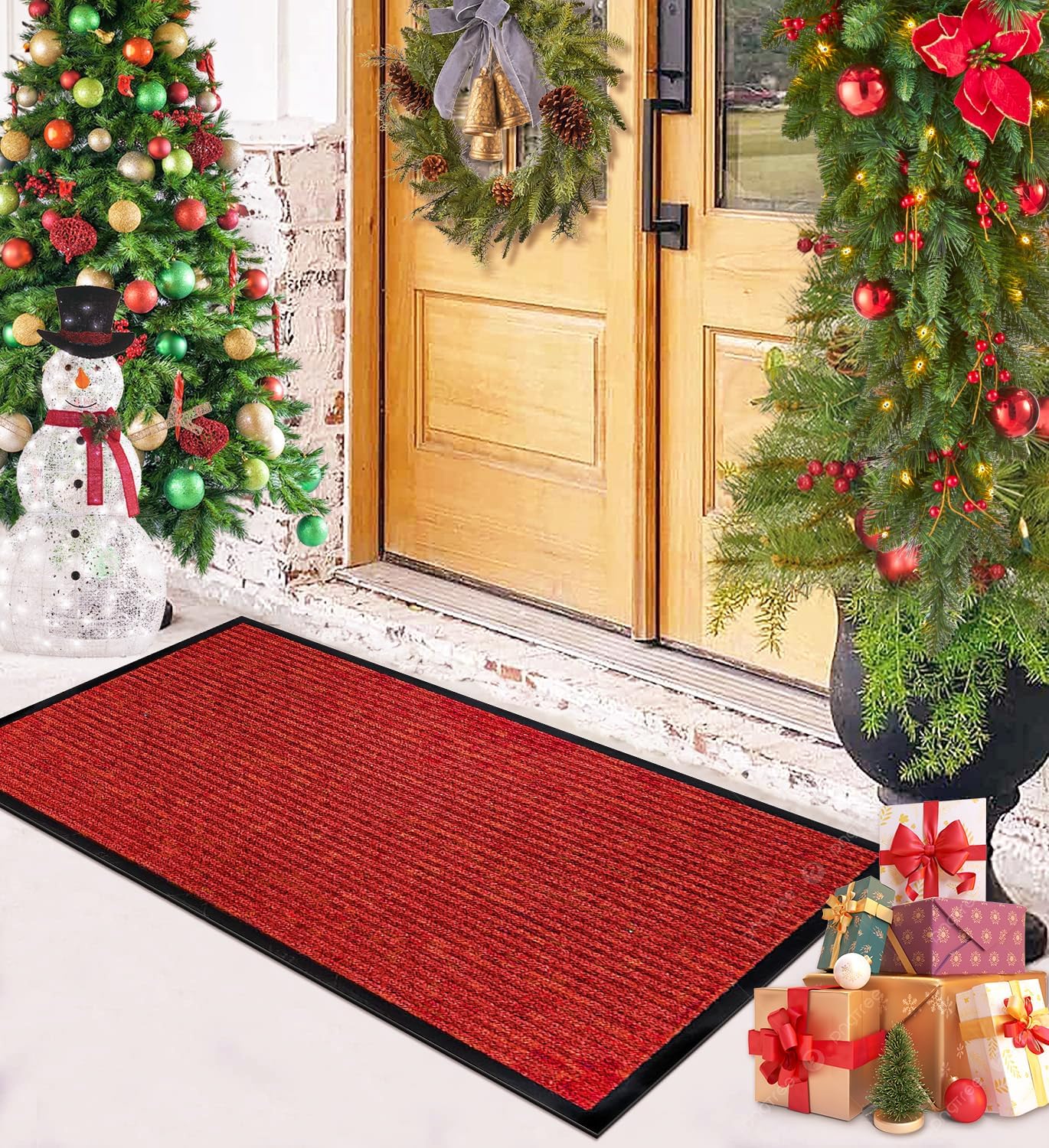 LuxUrux Durable Rubber Door Mat - Heavy Duty Doormat for Indoor/Outdoor Use - Easy to Clean, Waterproof, Low-Profile Entry Mat - Ideal for Entry, Patio, Garage - Striped Red Design (2 x 6 Feet)