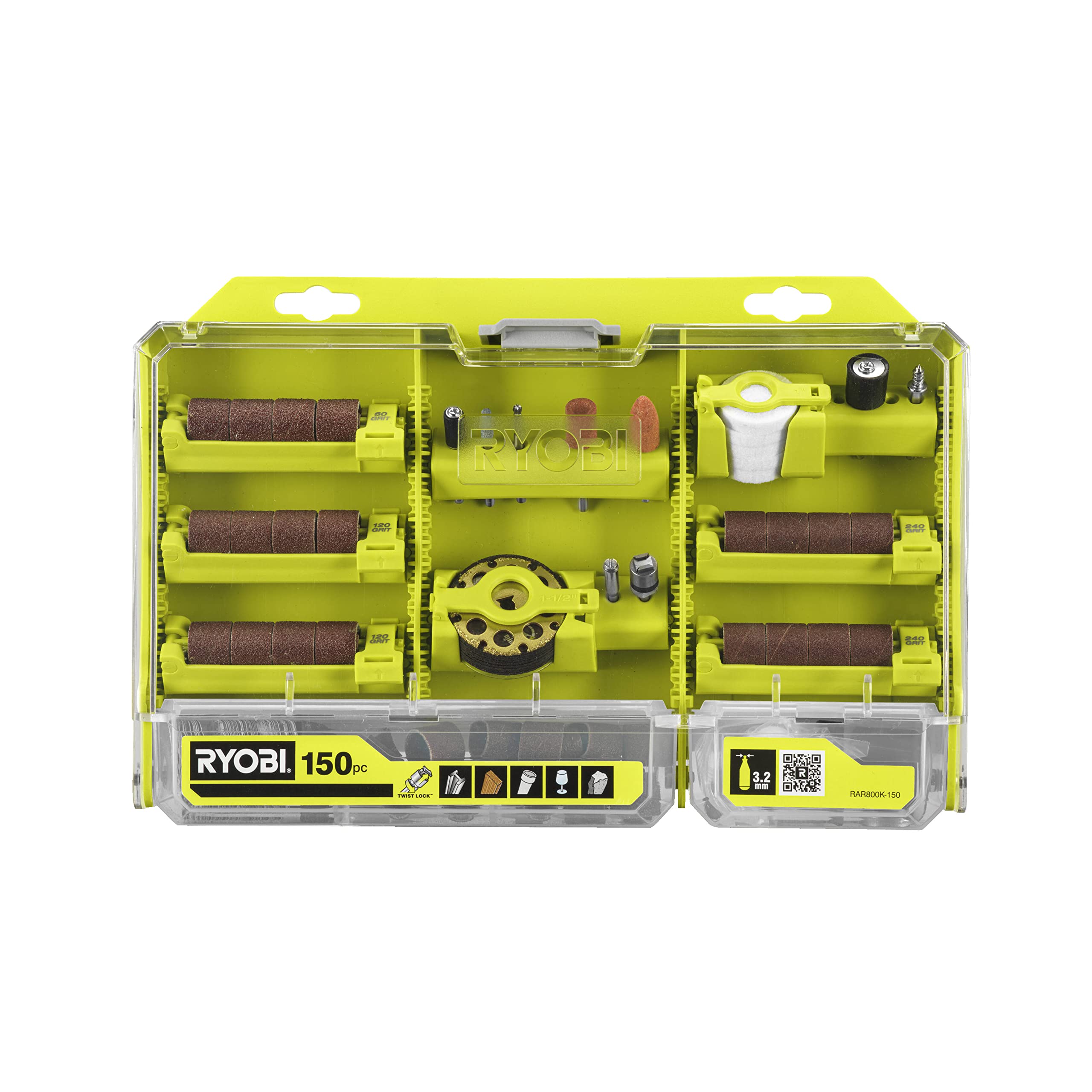 RYOBI - Coffret 150 Accessoires RYOBI - Twist Lock pour Mini-Outil - Changement Rapide - Coupe, Ponçage, Polissage & Gravure - Complet & Polyvalent - RAR800K-150
