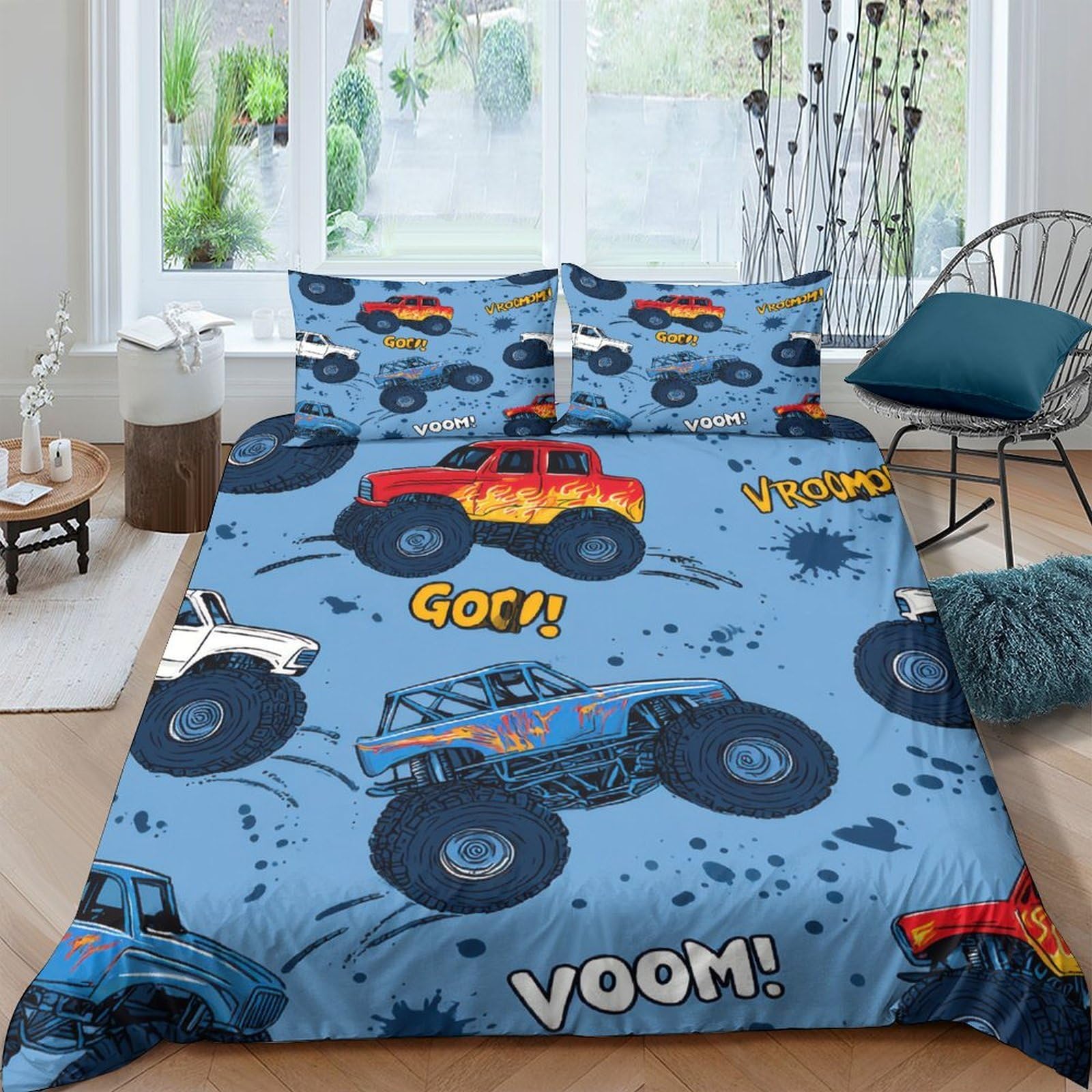 GPLZQXKJNH 3D Printed Monster Truck Duvet Cover Microfiber Soft Breathable Racing Car Bedding Set with 2 Pillowcases for Bedroom Decor Single（135x200cm）
