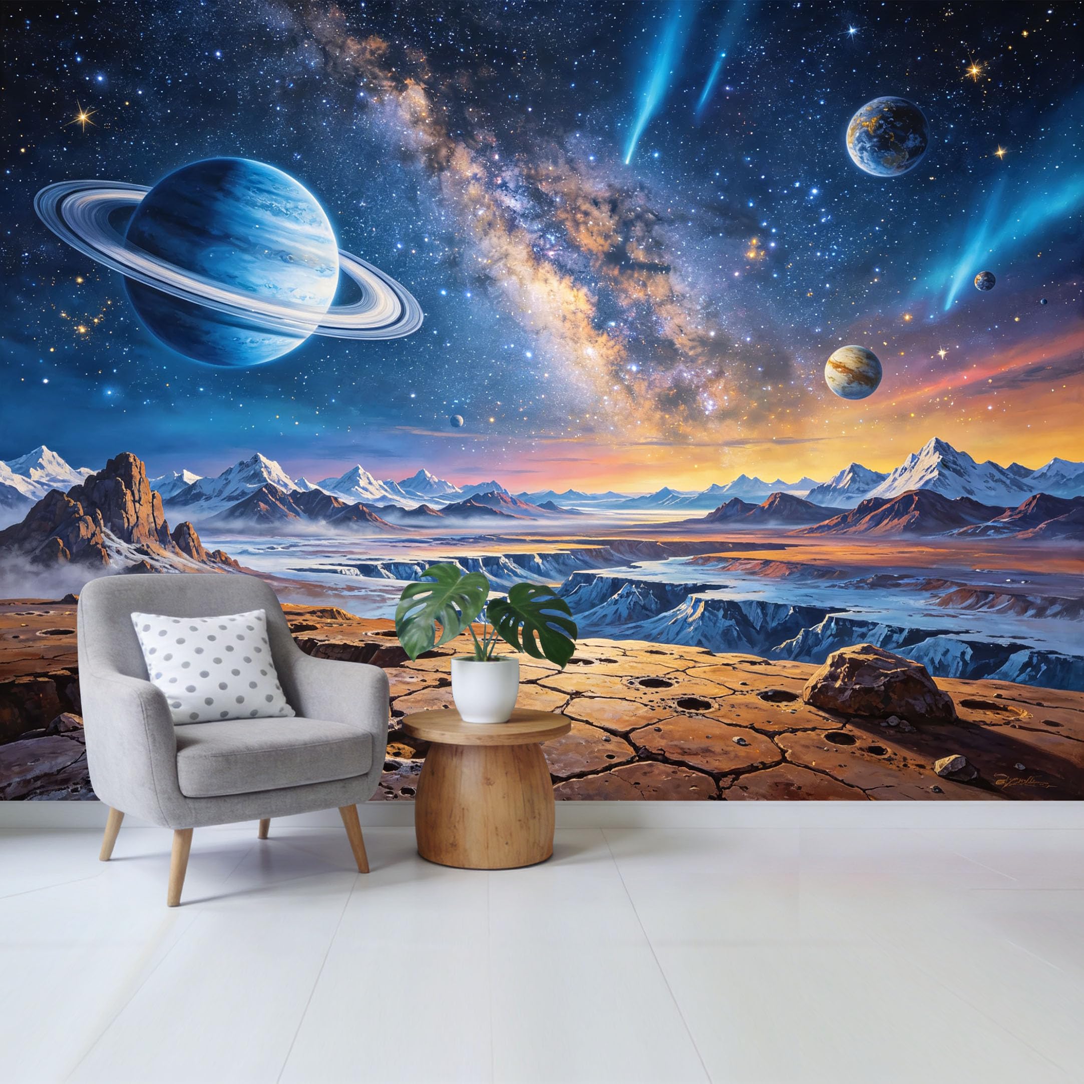 Custom Size Wall Mural Outer Space Planet Saturn Galaxy Stars Landscape Removable Self Adhesive Fabric Home Wall Decor for Living Room Bedroom Bathroom