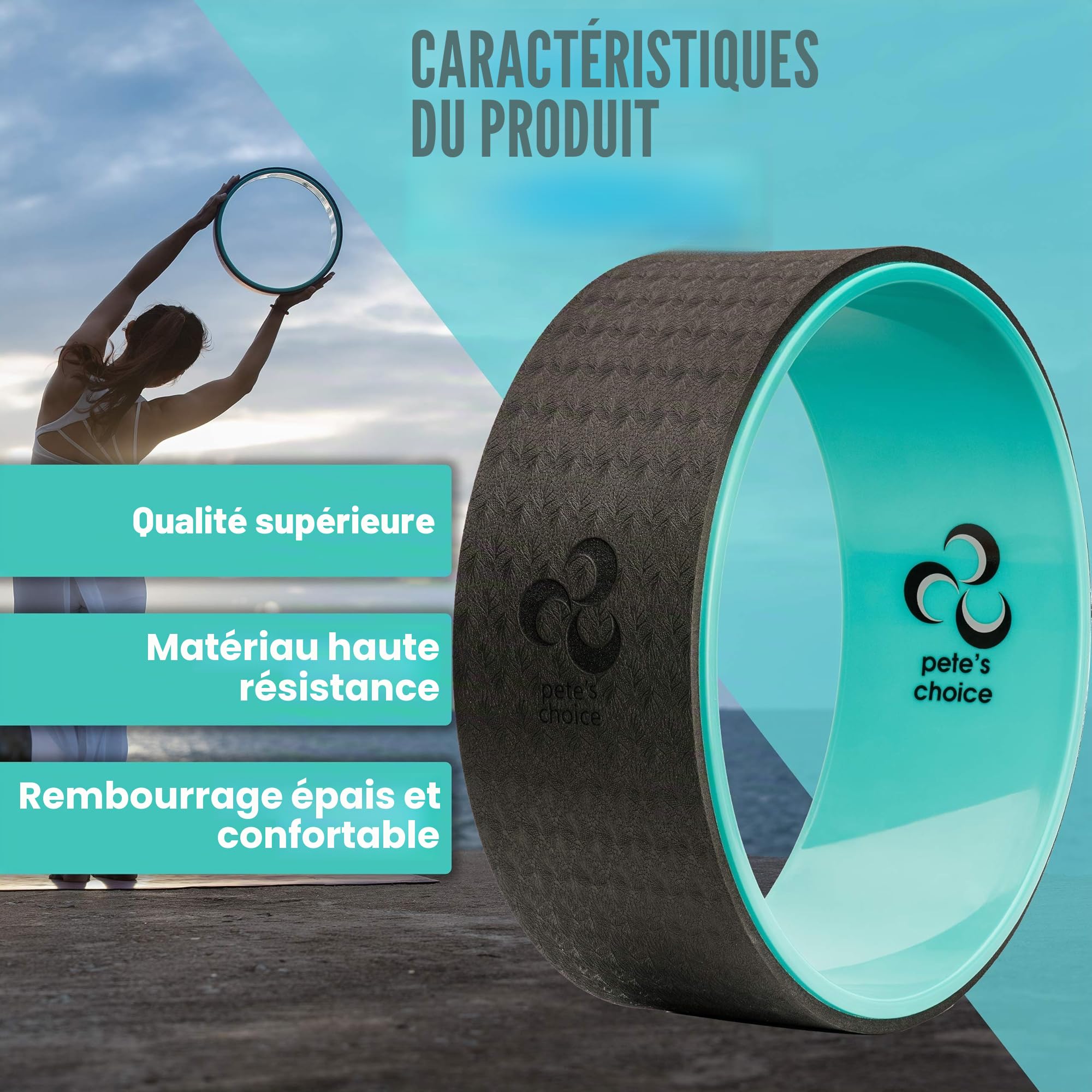 Pete's Choice Roue de yoga avec eBook et bracelet, accessoire pratique et durable pour l'équilibre, augmente la flexibilité, idéal pour la maison
