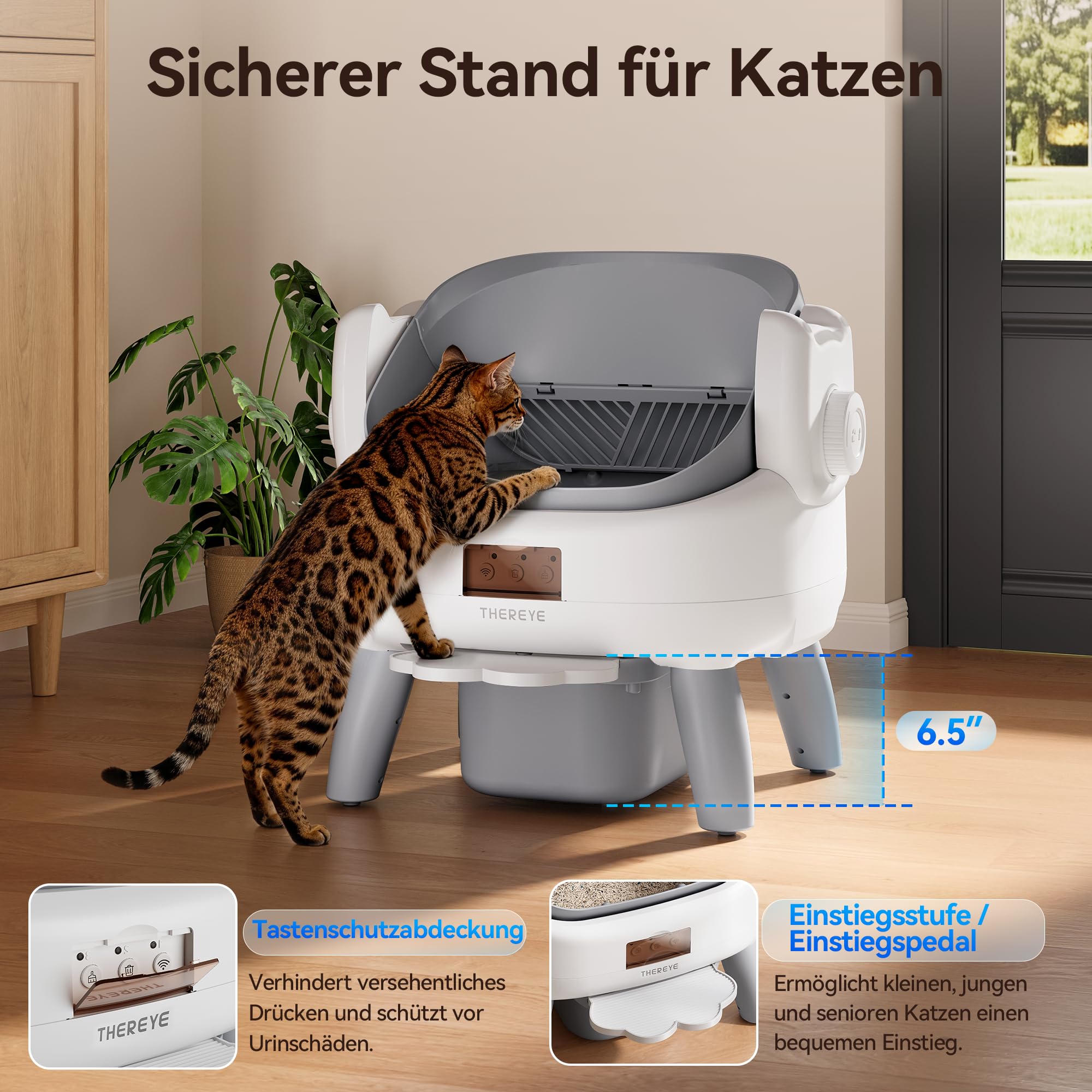 Thereye Selbstreinigende Katzentoilette mit Einstiegstufe,Katzenklo Selbstreinigend Offenes mit App-Steuerung,11-facher Sicherheitssensor,Sicherer Einklemmschutz,Geruchsbeseitigung für mehrere Katzen