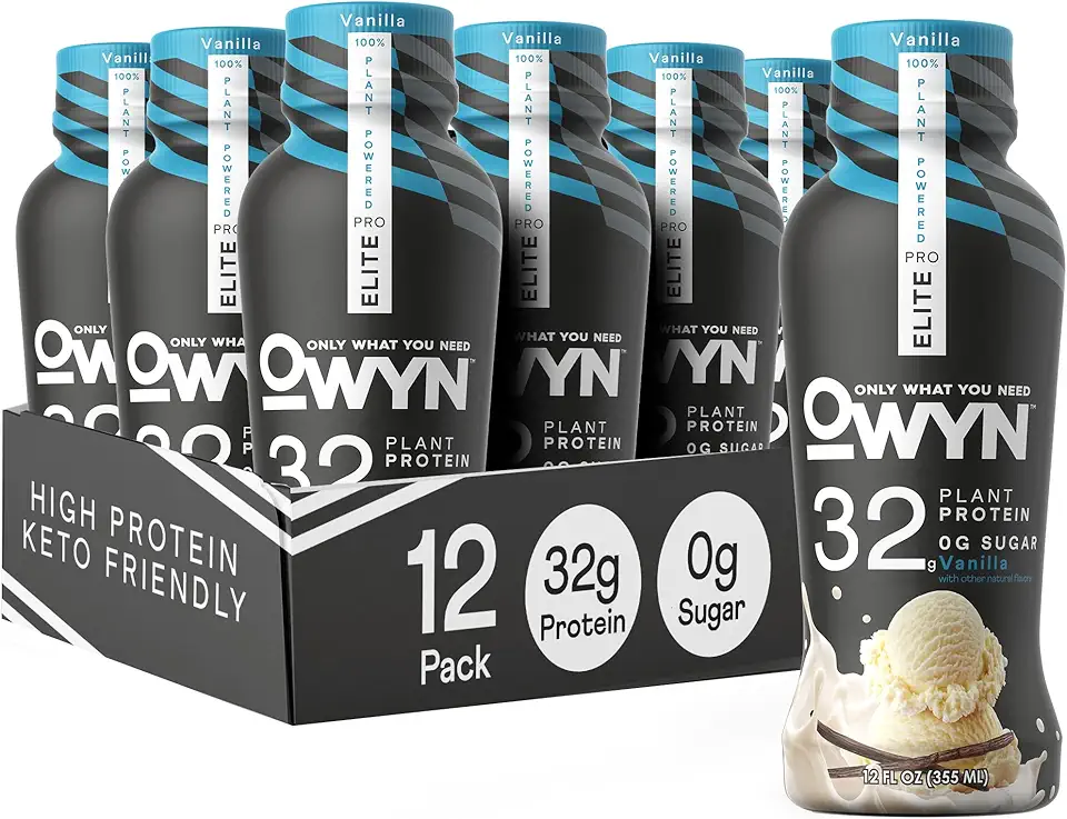 OWYN Only What You Need Pro Elite Vegan Plant Based High Protein Shake, Vanilla, 12 Pack, 32g Protein, Amino Acids, Prebiotics, Omega-3, Workout and Recovery, 0g Net Carbs, Zero Sugar, Keto