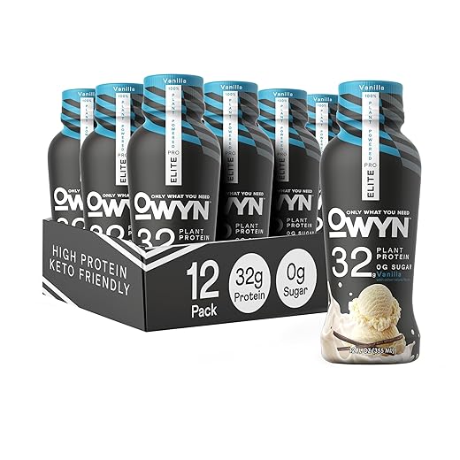 OWYN Pro Elite Vegan Plant-Based High Protein Shake, Vanilla, 12 Pack, 32g Protein, Amino Acids, Prebiotics, Omega-3, Superfood Greens, Workout and Recovery, 0g Net Carbs, Zero Sugar, Keto