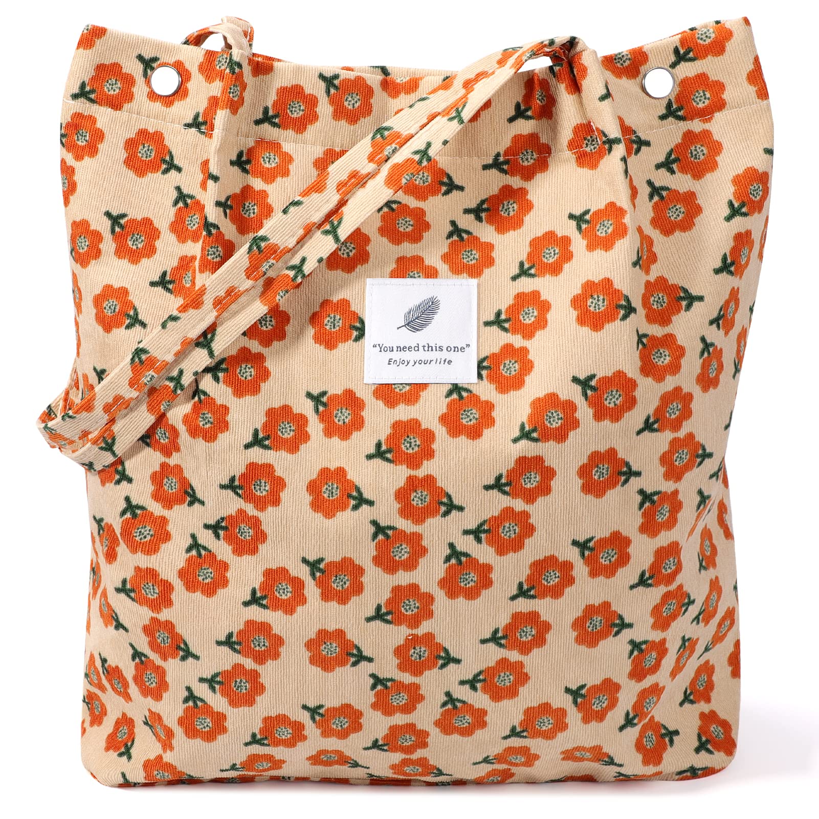 Tote Women Girls, Large Capacity Corduroy Reusable Grocery Shoulder Bag with Inner Pockets